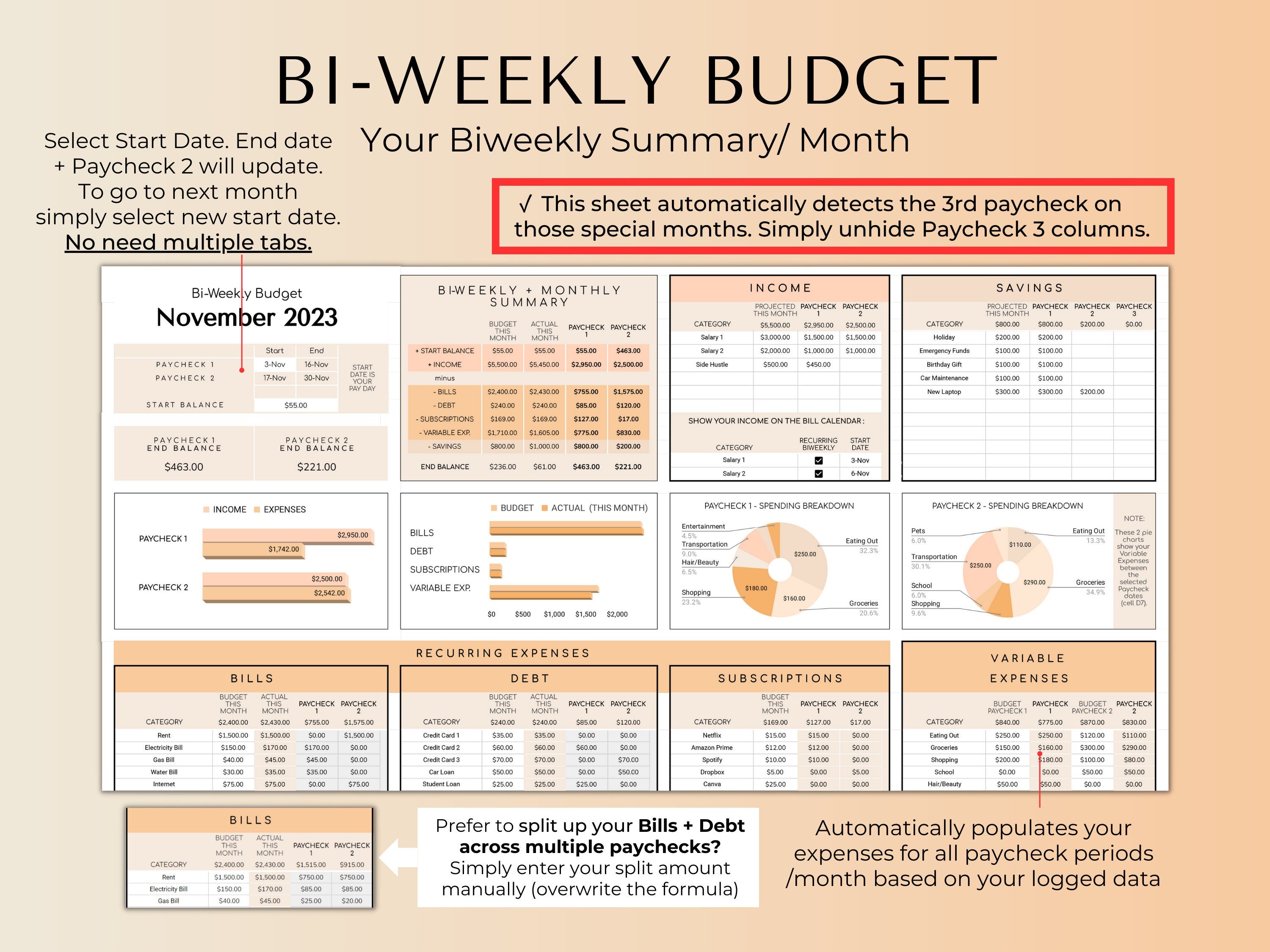 Biweekly Fortnightly Budget Planner Google Sheets Spreadsheet -Peach