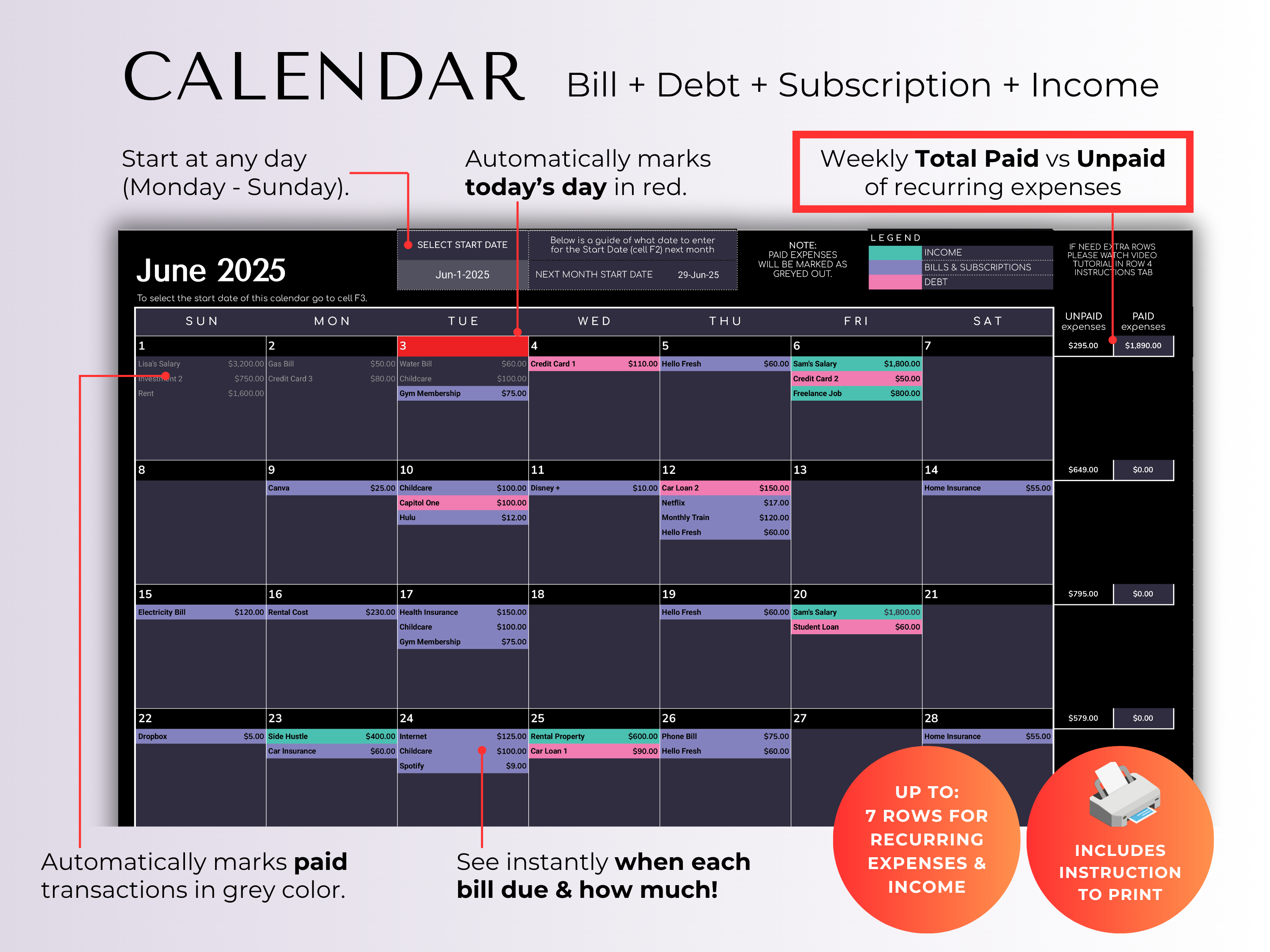 Budget By Paycheck 2.0 Google Sheets Spreadsheet Template - Dark Mode