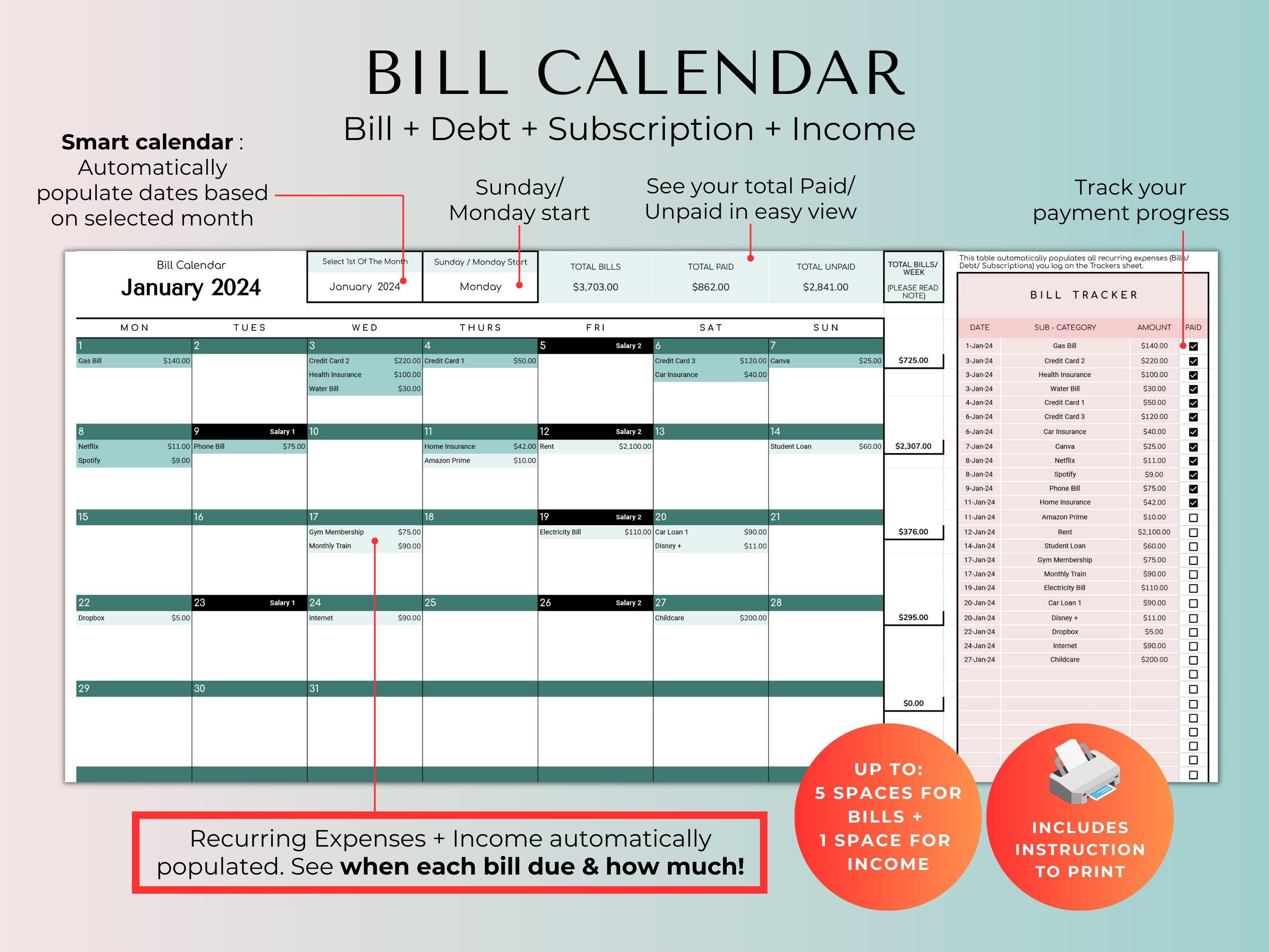 Couples And Family Budget 2.0 Google Sheets Spreadsheet Template - Teal Green