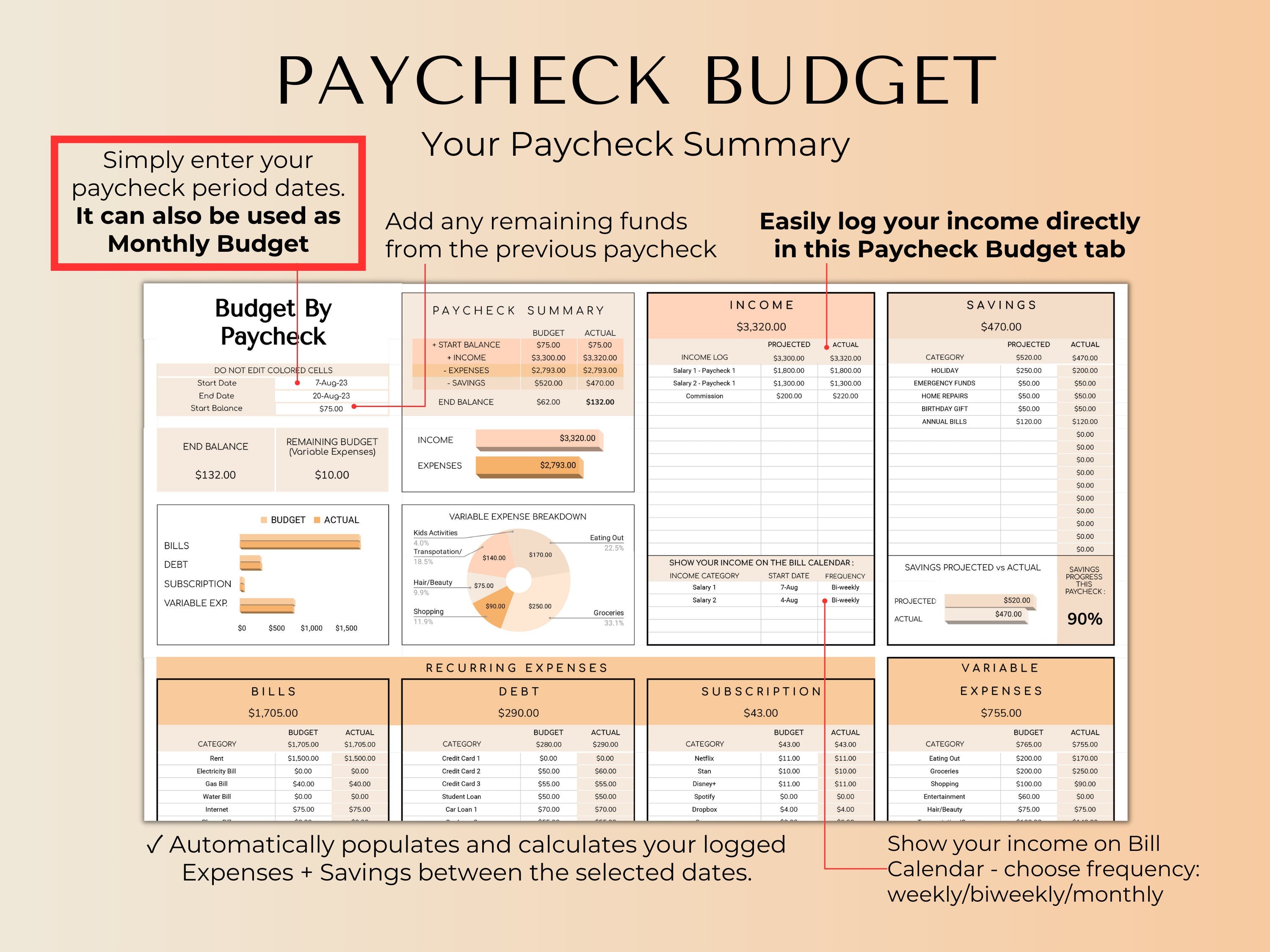 Budget By Paycheck Google Sheets Spreadsheet Template - Peach Mode