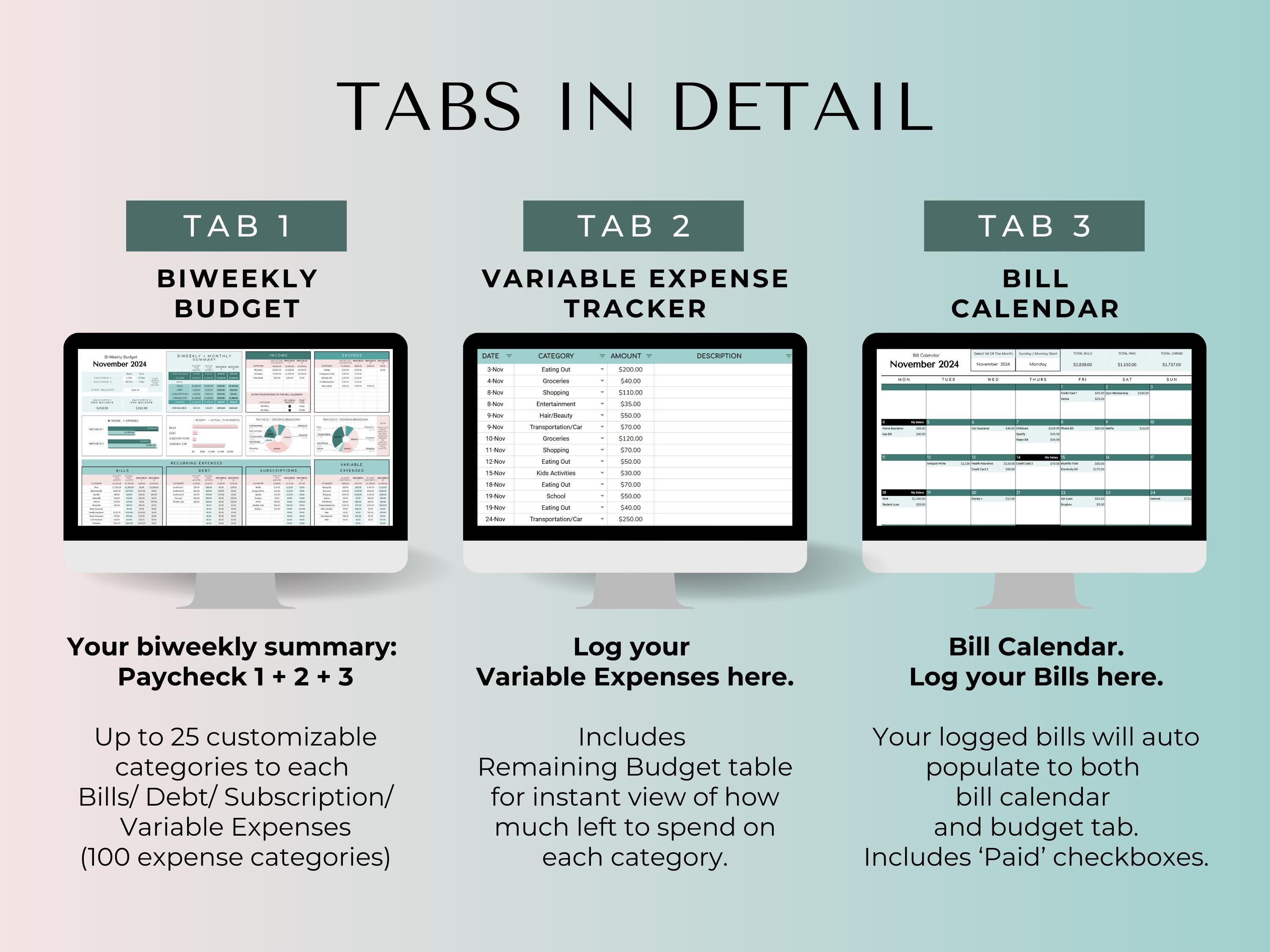Biweekly Fortnightly Budget Planner Google Sheets Spreadsheet -Teal Green