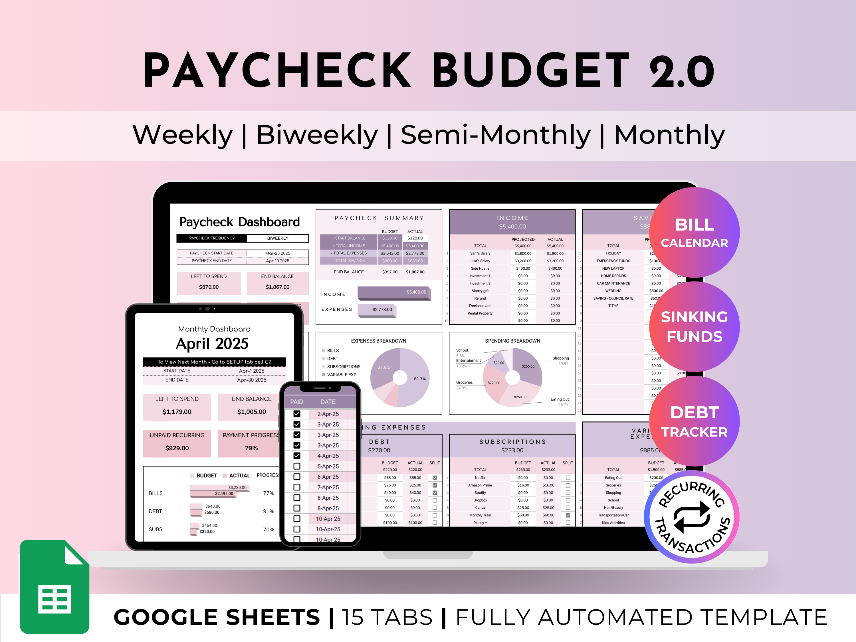 Budget By Paycheck 2.0 Google Sheets Spreadsheet Template - Purple