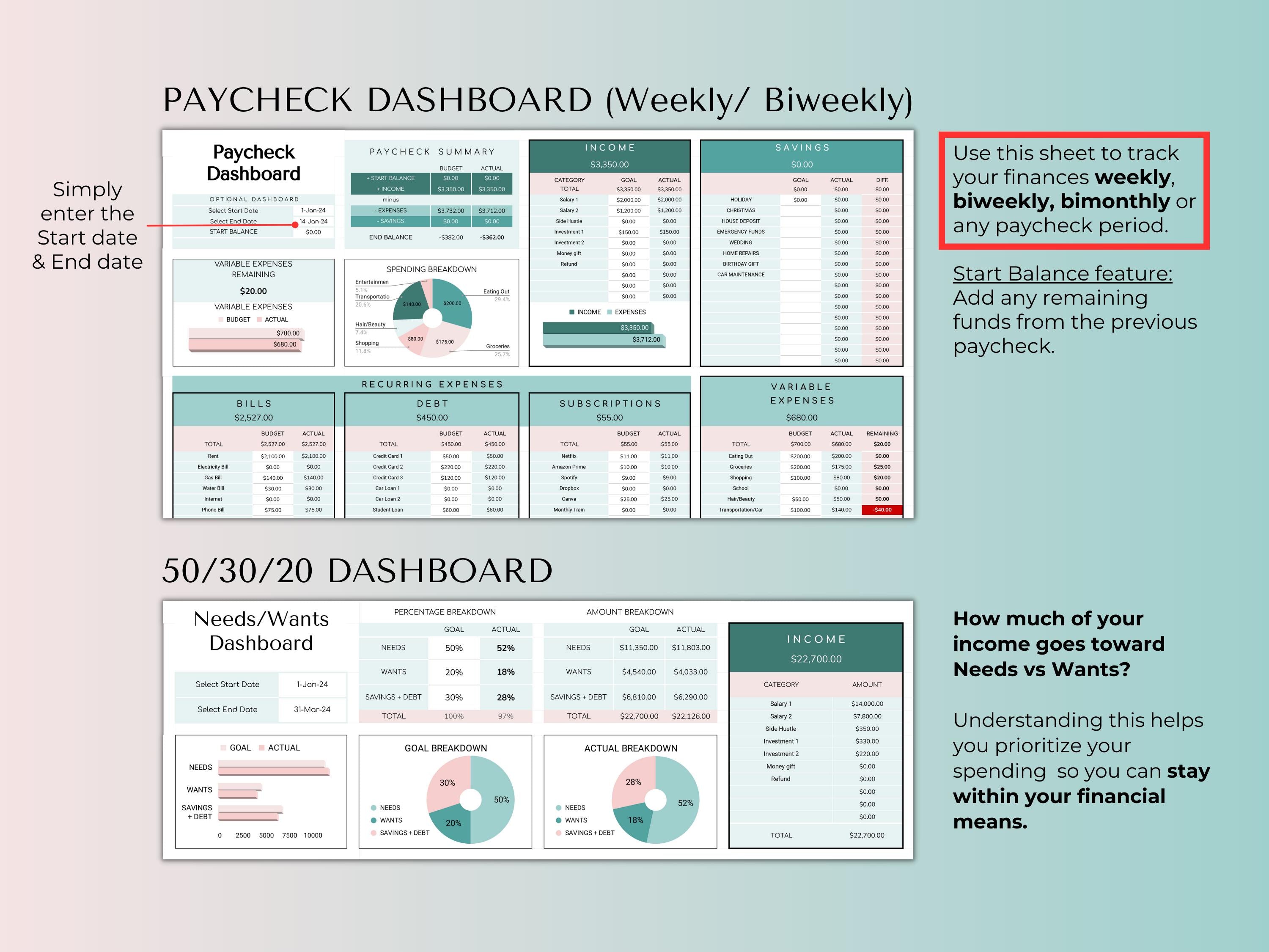 Couples And Family Budget 2.0 Google Sheets Spreadsheet Template - Teal Green