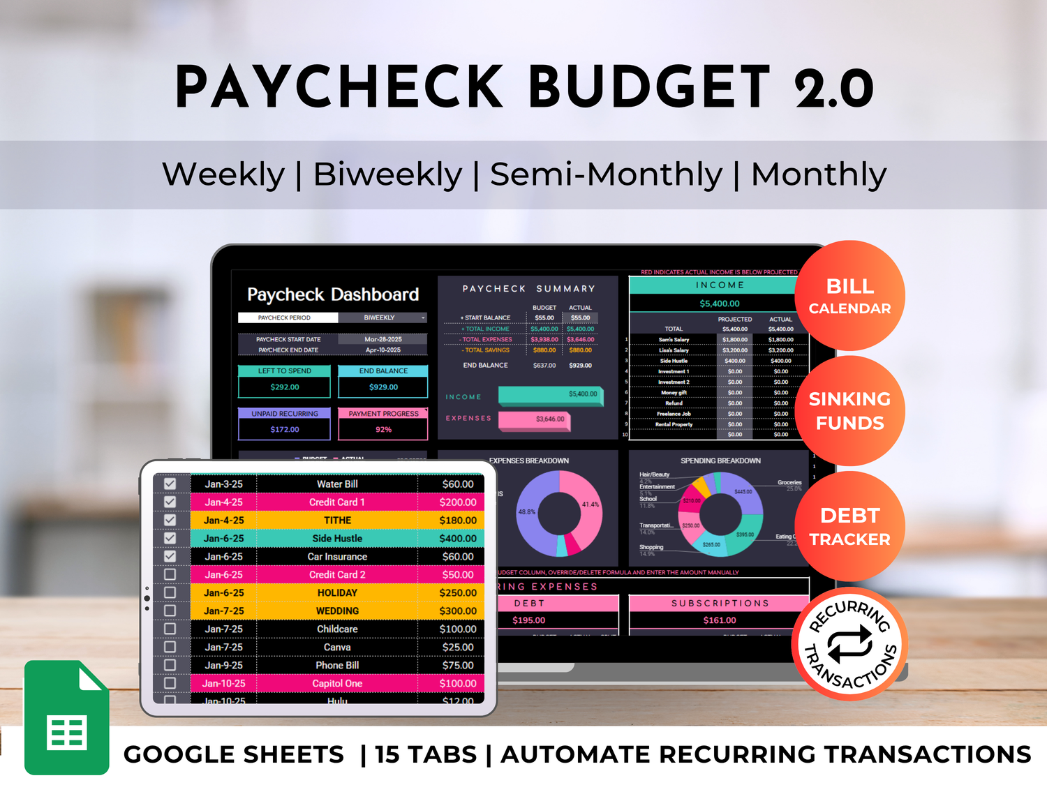 Budget By Paycheck 2.0 Google Sheets Spreadsheet Template - Dark Mode
