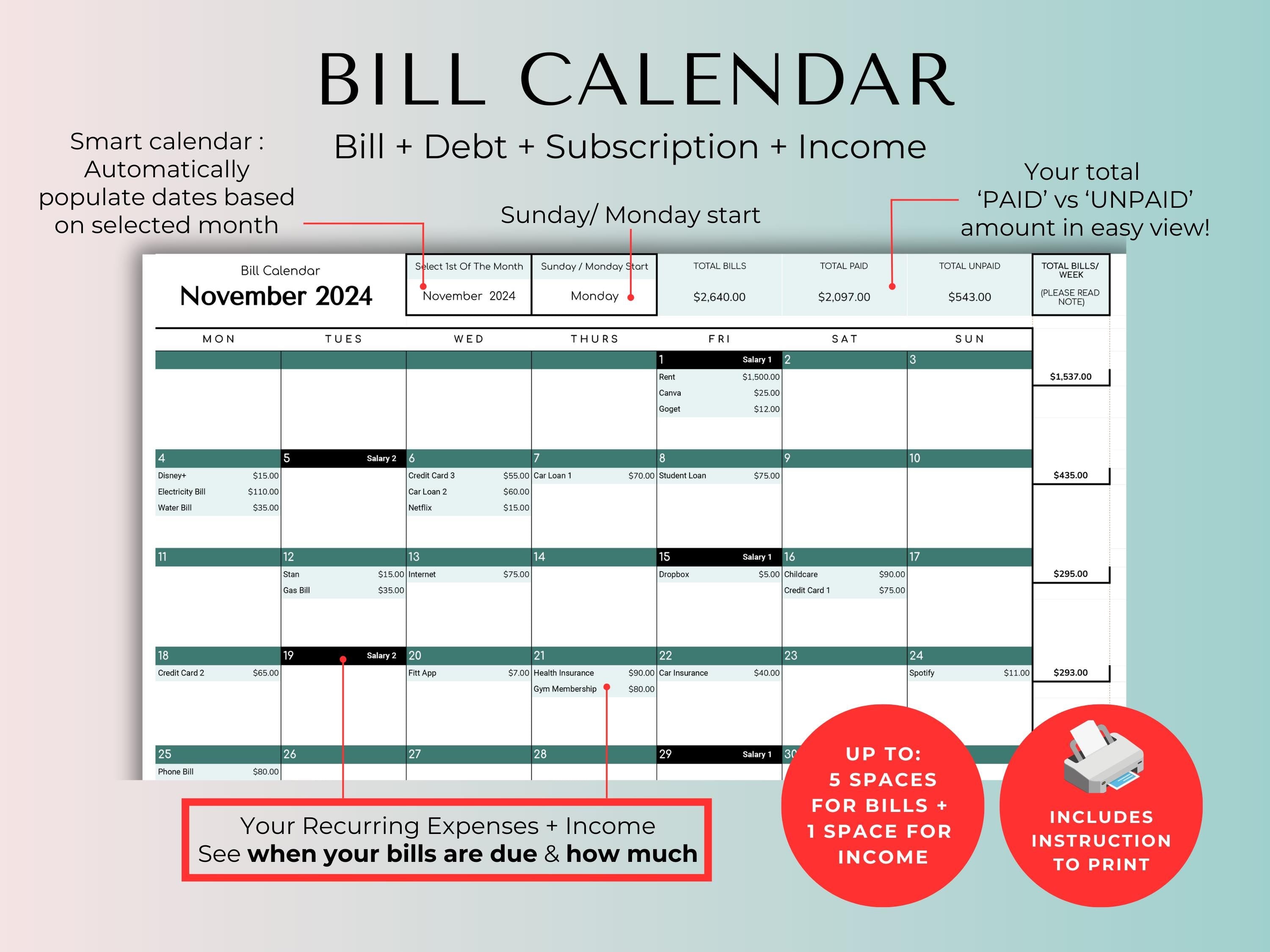 Budget By Paycheck Google Sheets Spreadsheet Template - Green Mode