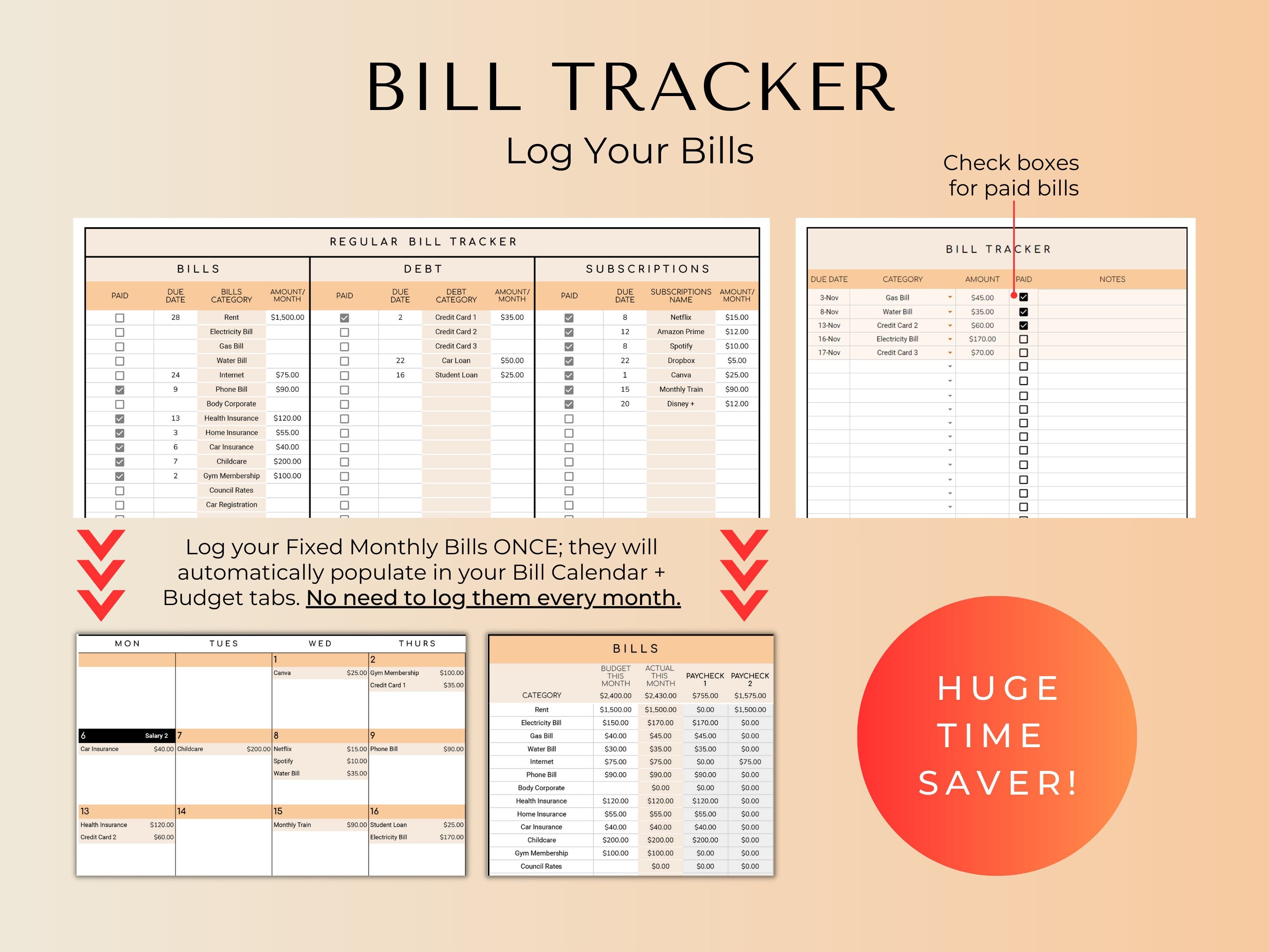Biweekly Fortnightly Budget Planner Google Sheets Spreadsheet -Peach
