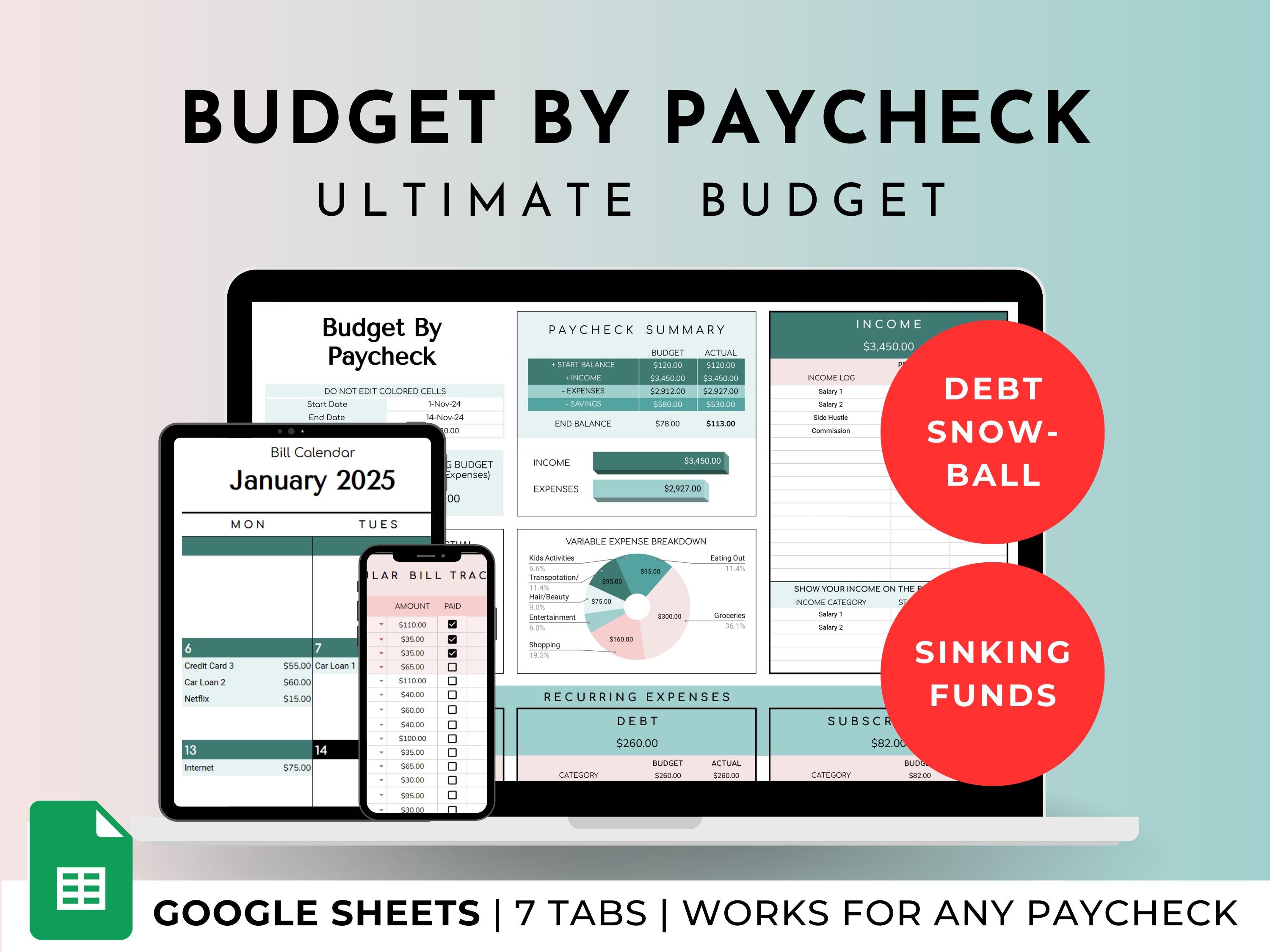 Budget By Paycheck Google Sheets Spreadsheet Template - Green Mode