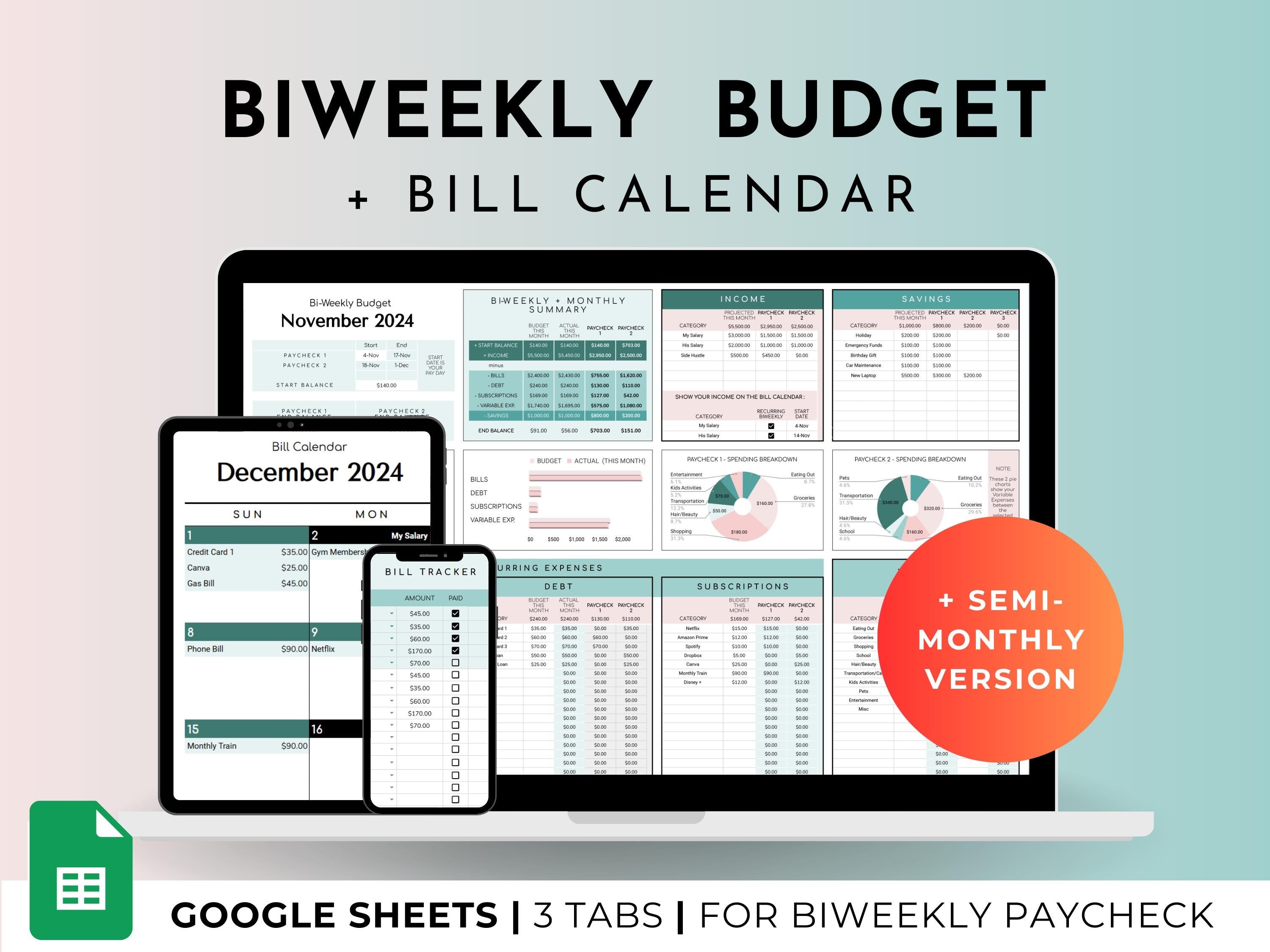 Biweekly Fortnightly Budget Planner Google Sheets Spreadsheet -Teal Green