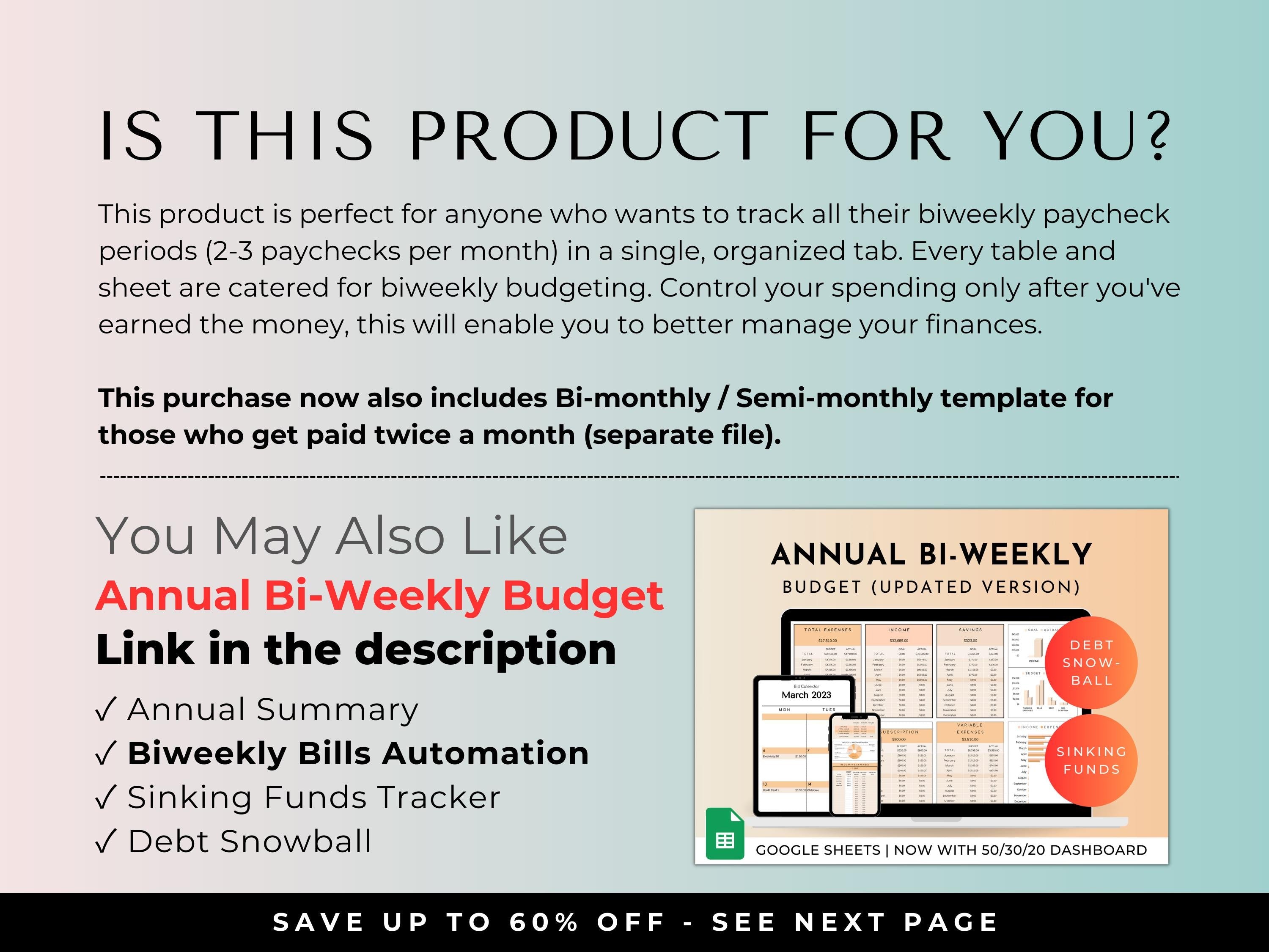 Biweekly Fortnightly Budget Planner Google Sheets Spreadsheet -Teal Green