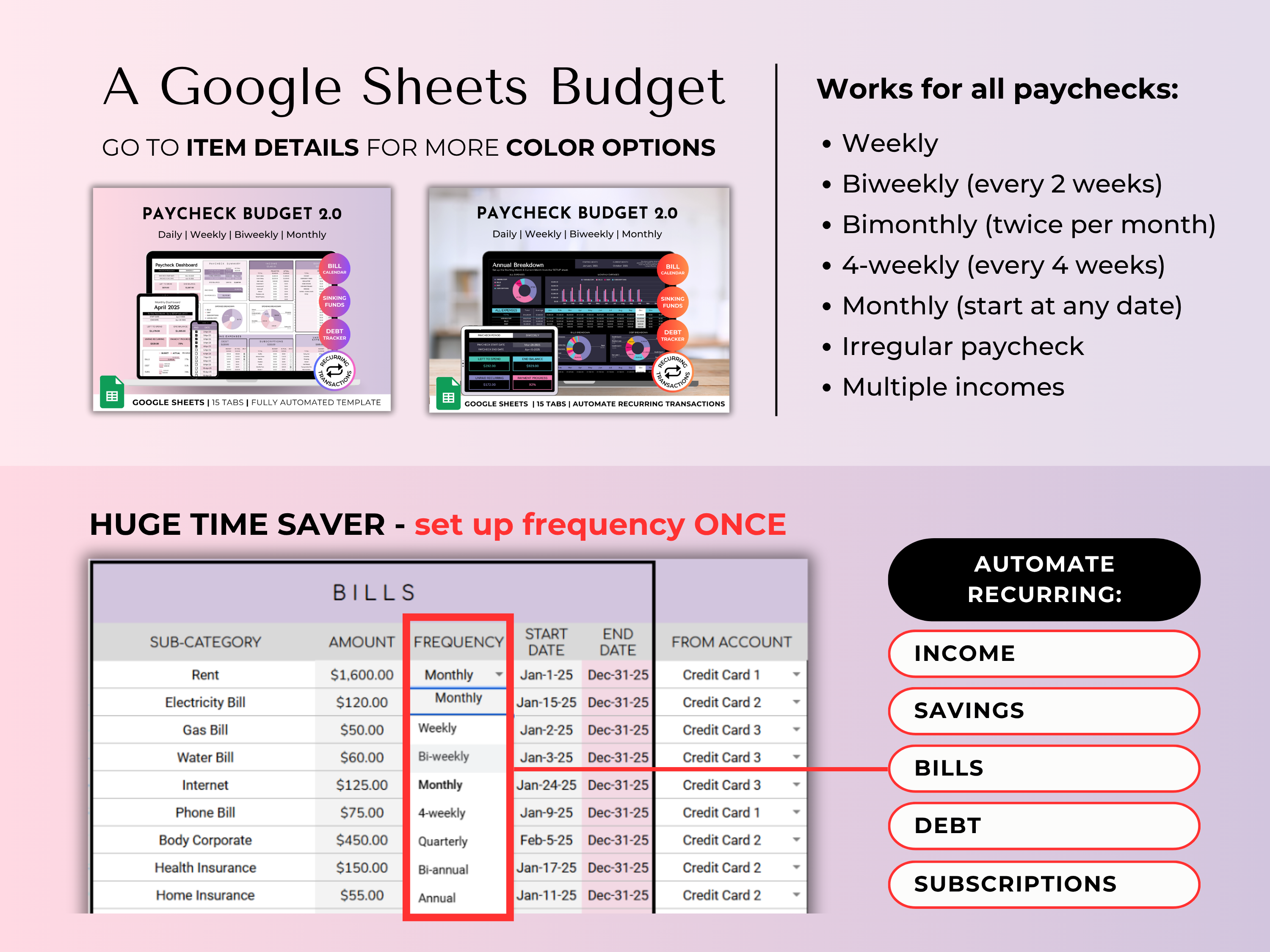 Budget By Paycheck 2.0 Google Sheets Spreadsheet Template - Purple