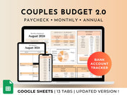 Couples And Family Budget 2.0 Spreadsheet Google Sheets - Peach