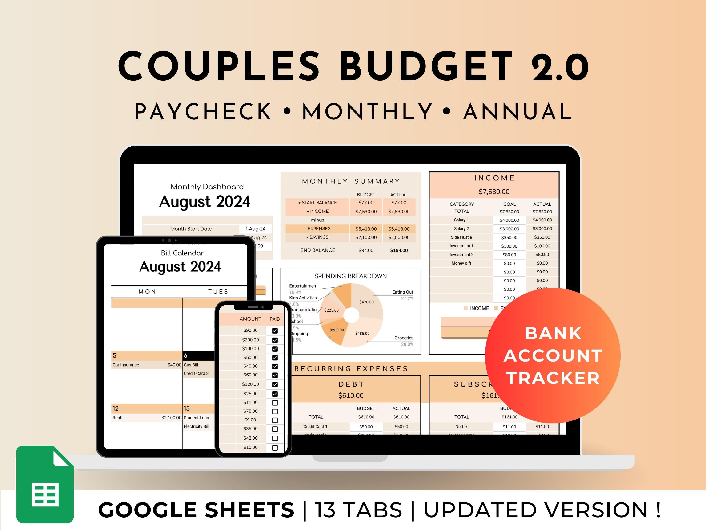 Couples And Family Budget 2.0 Spreadsheet Google Sheets - Peach