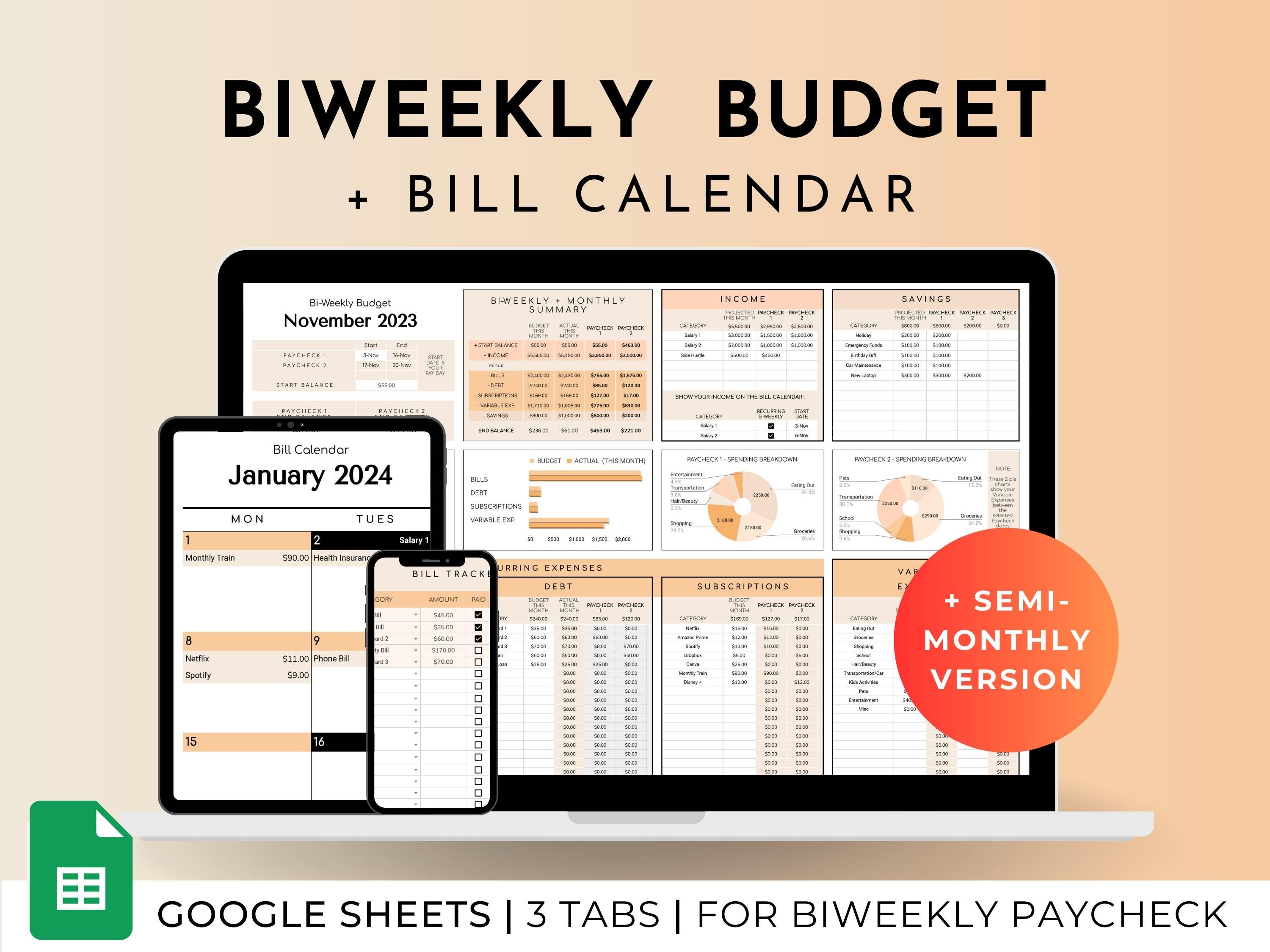Biweekly Fortnightly Budget Planner Google Sheets Spreadsheet -Peach