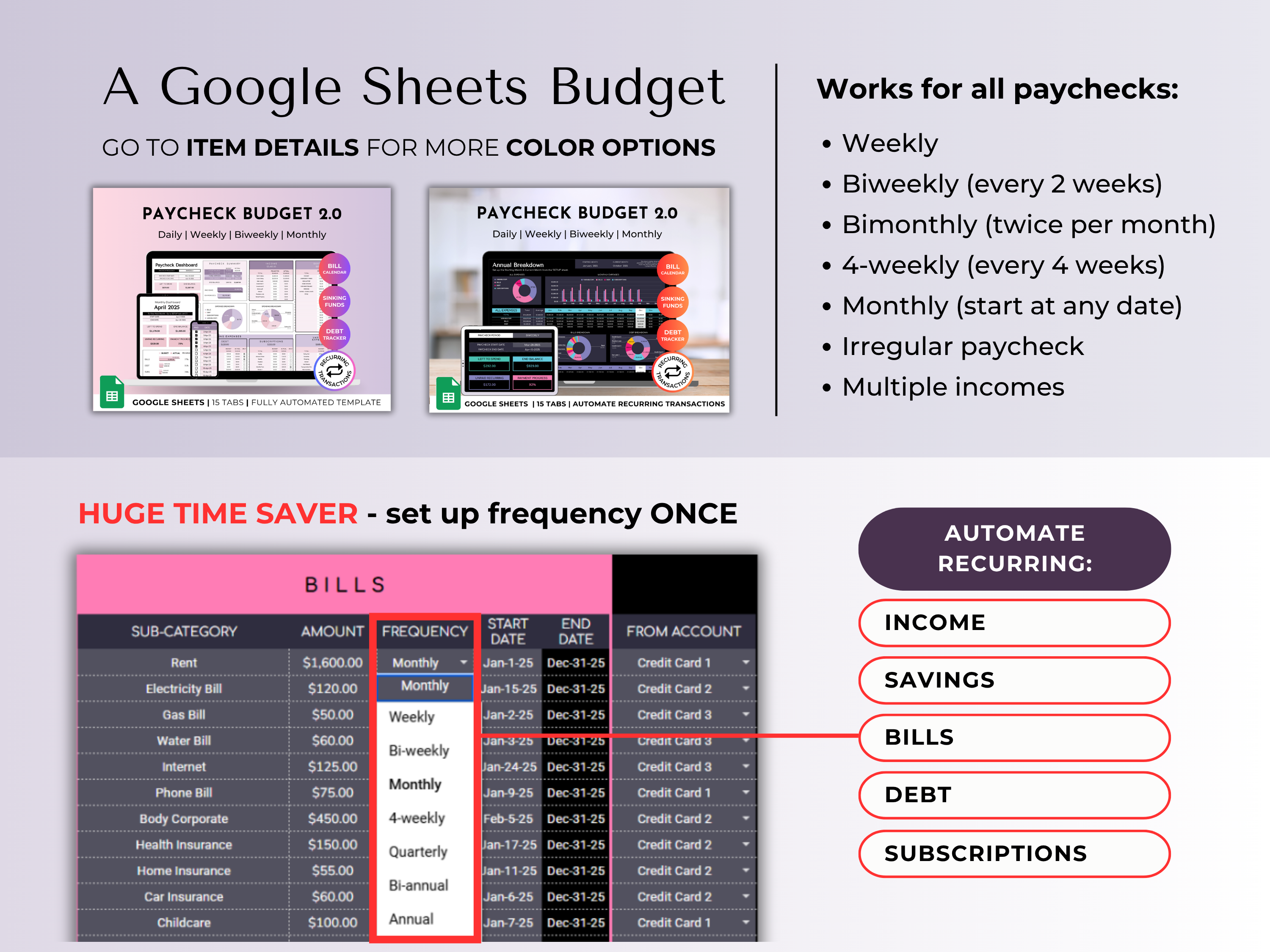 Budget By Paycheck 2.0 Google Sheets Spreadsheet Template - Dark Mode
