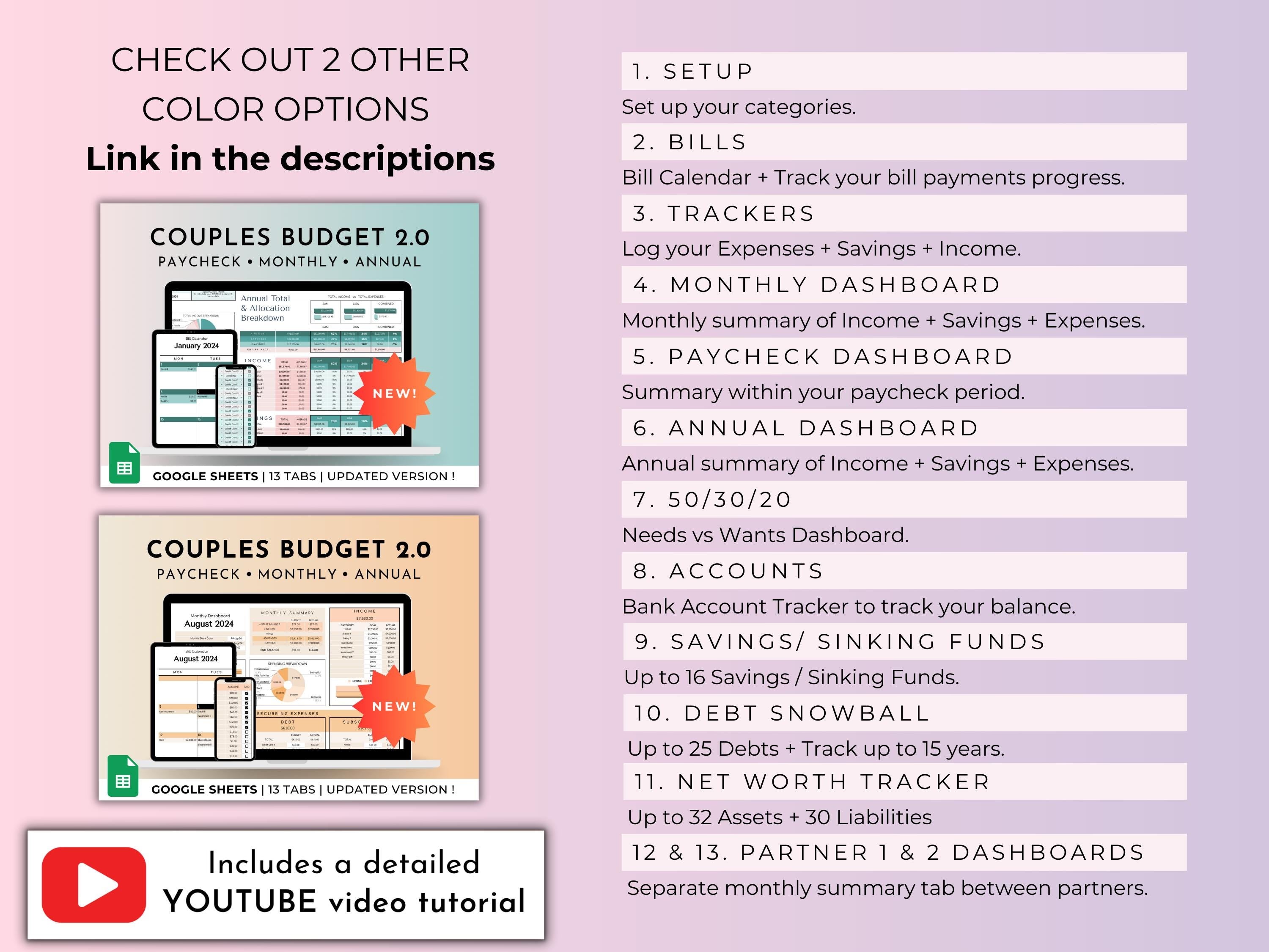 Couples And Family Budget 2.0 Spreadsheet Google Sheets - Purple