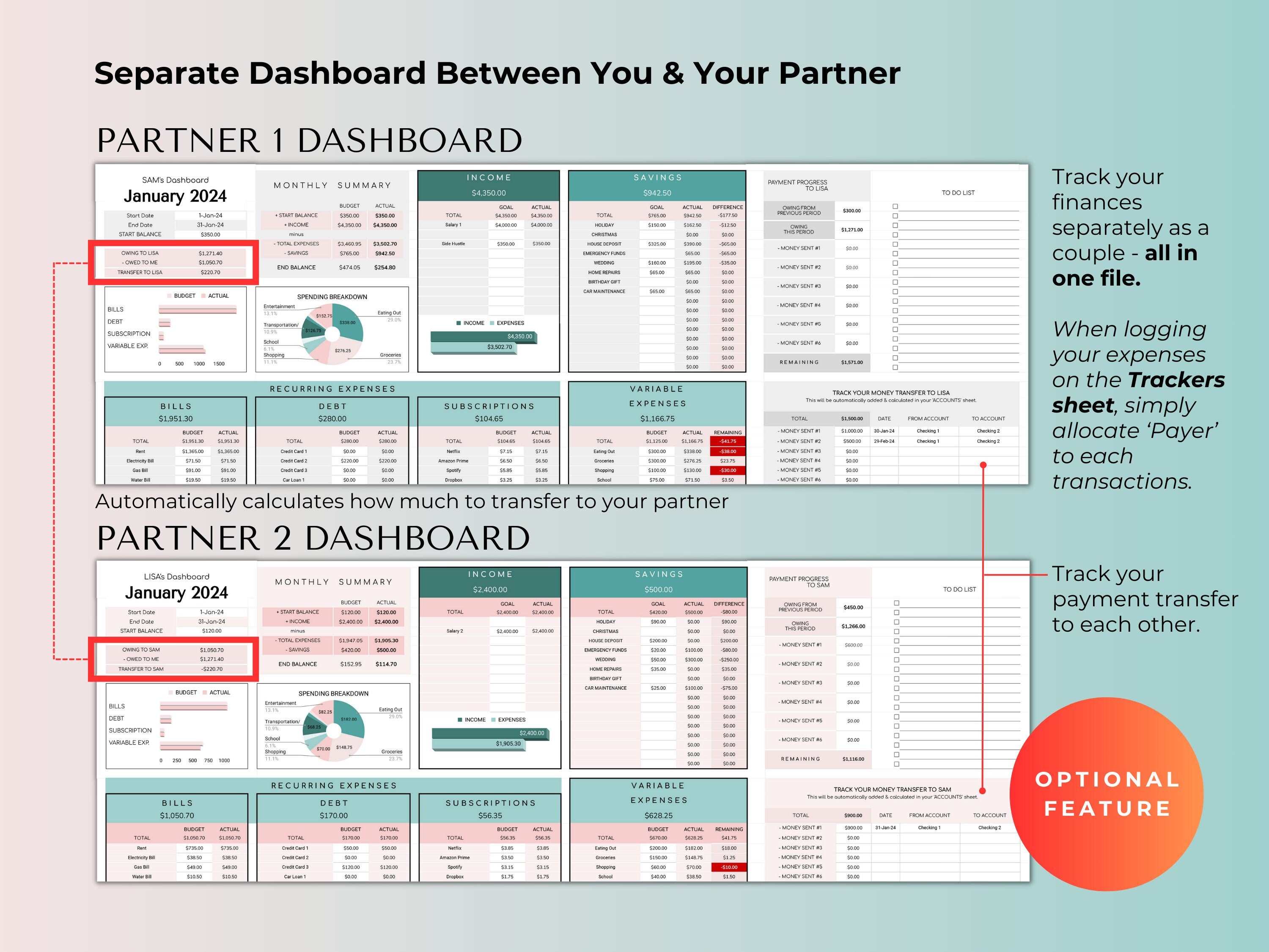 Couples And Family Budget 2.0 Google Sheets Spreadsheet Template - Teal Green