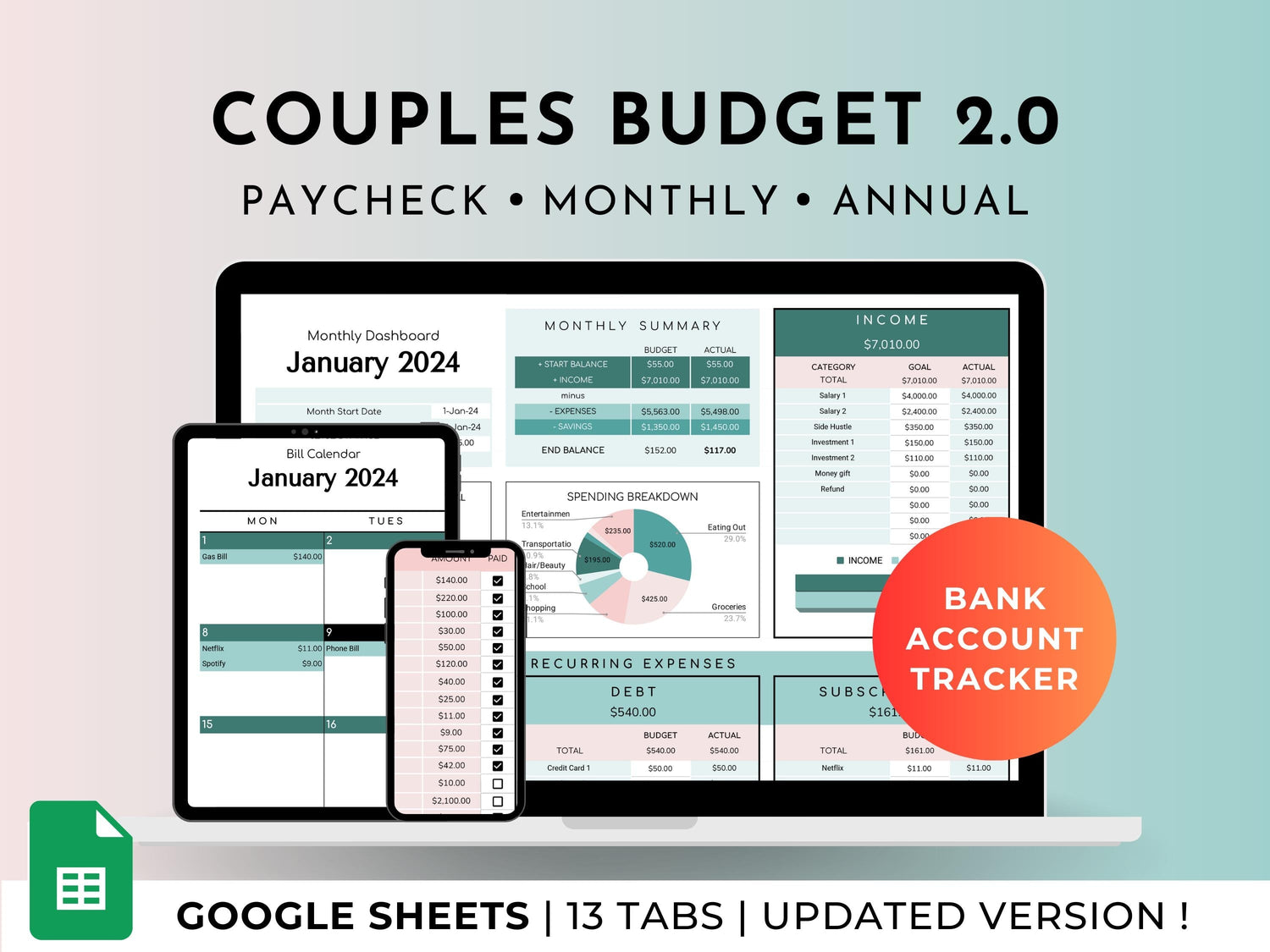 Couples And Family Budget 2.0 Google Sheets Spreadsheet Template - Teal Green