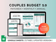 Couples And Family Budget 2.0 Google Sheets Spreadsheet Template - Teal Green