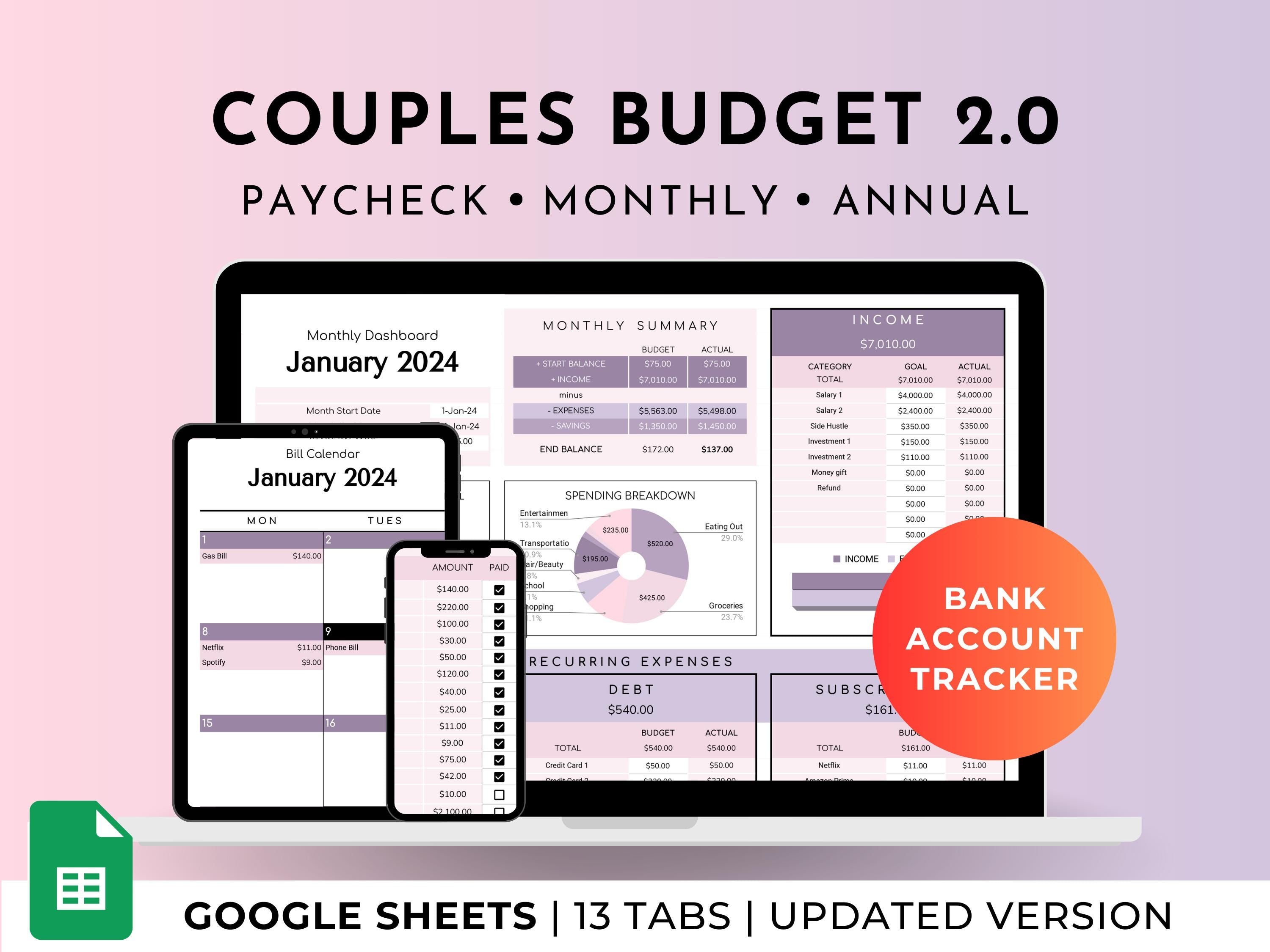 Couples And Family Budget 2.0 Spreadsheet Google Sheets - Purple