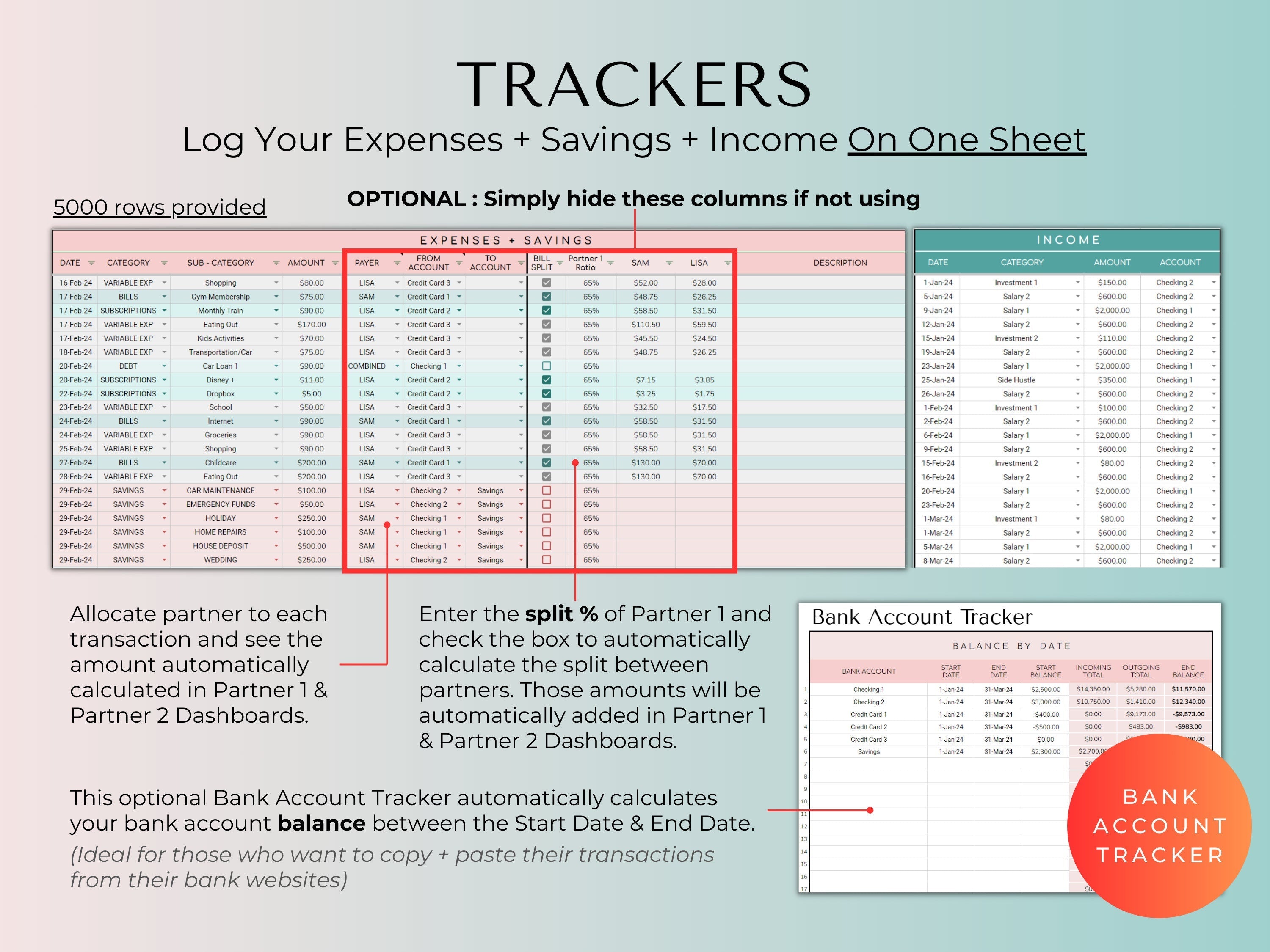 Couples And Family Budget 2.0 Google Sheets Spreadsheet Template - Teal Green