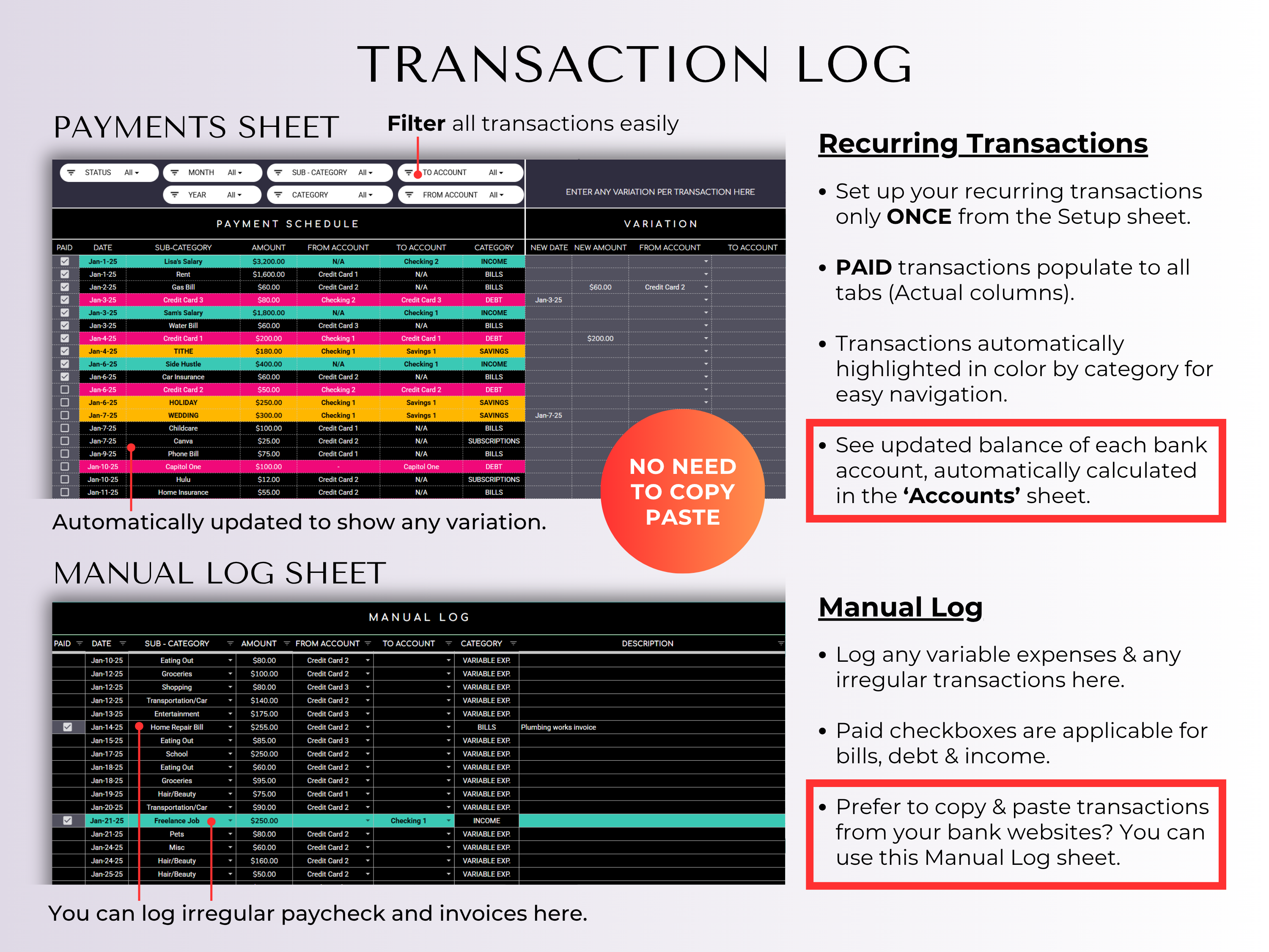 Budget By Paycheck 2.0 Google Sheets Spreadsheet Template - Dark Mode