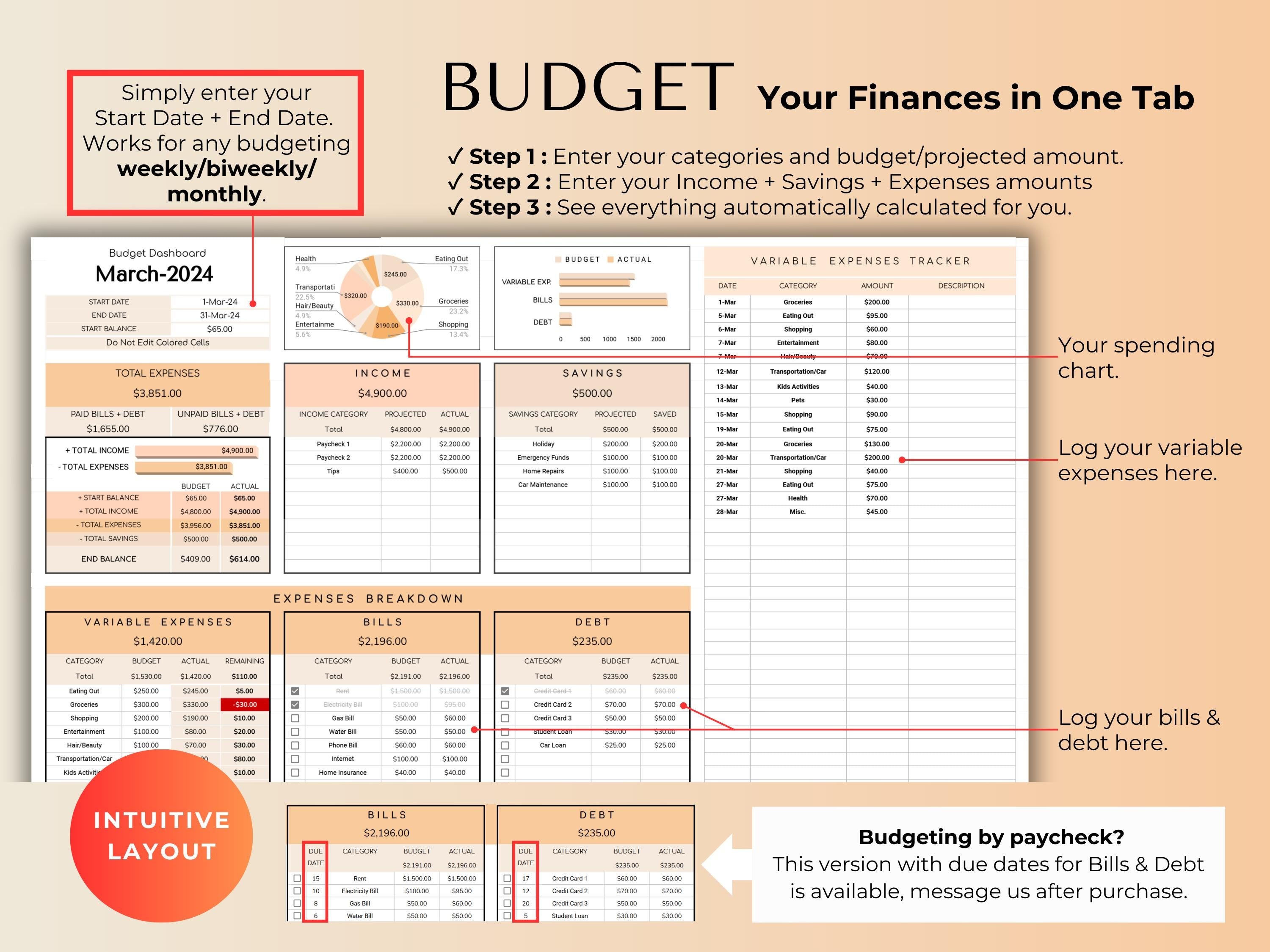 Easy Budget Spreadsheet Google Sheets Planner - One Tab Budget