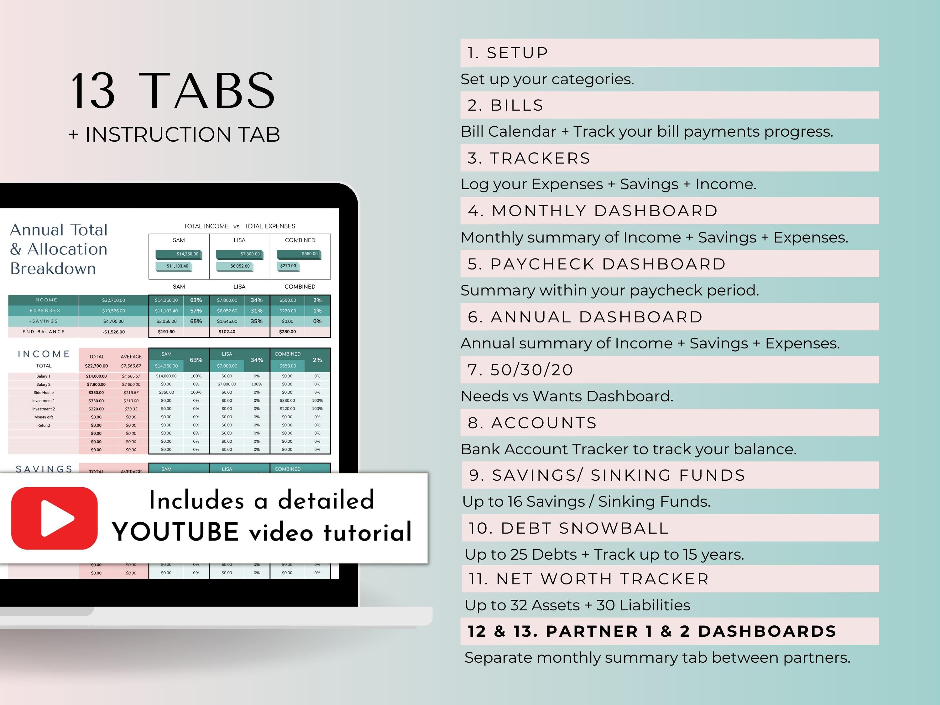 Couples And Family Budget 2.0 Google Sheets Spreadsheet Template - Teal Green