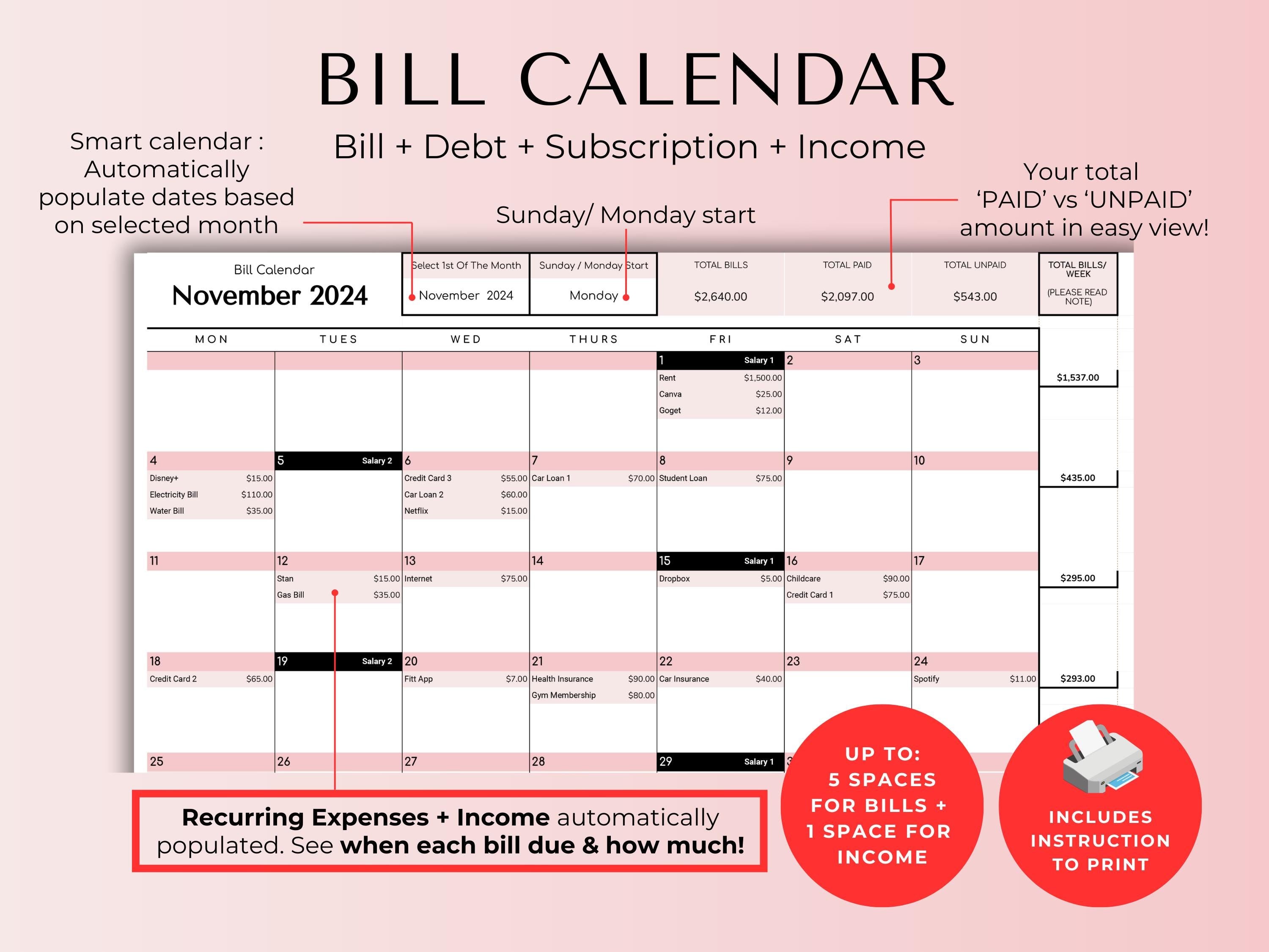 Budget By Paycheck Google Sheets Spreadsheet Template - Pink