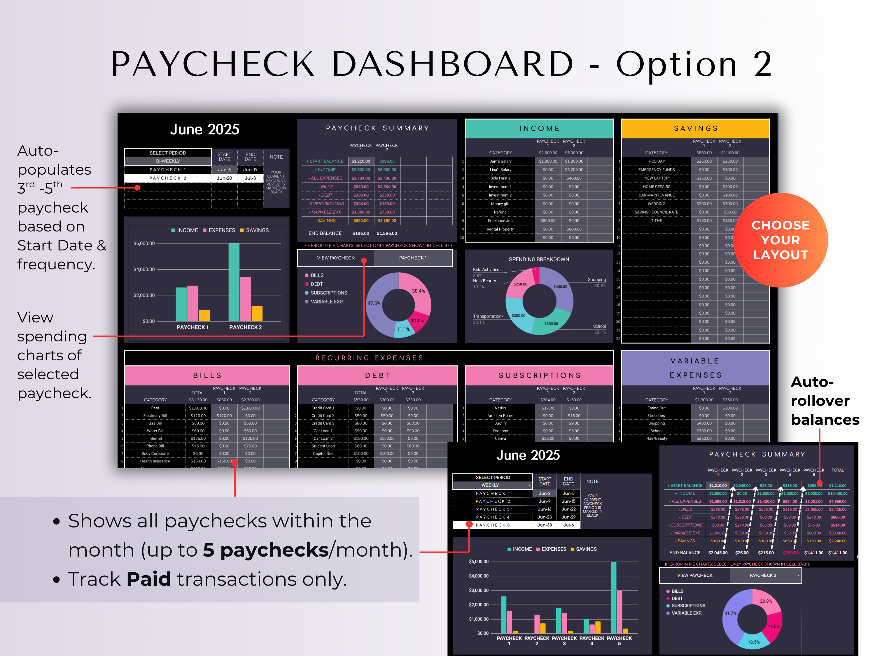 Budget By Paycheck 2.0 Google Sheets Spreadsheet Template - Dark Mode