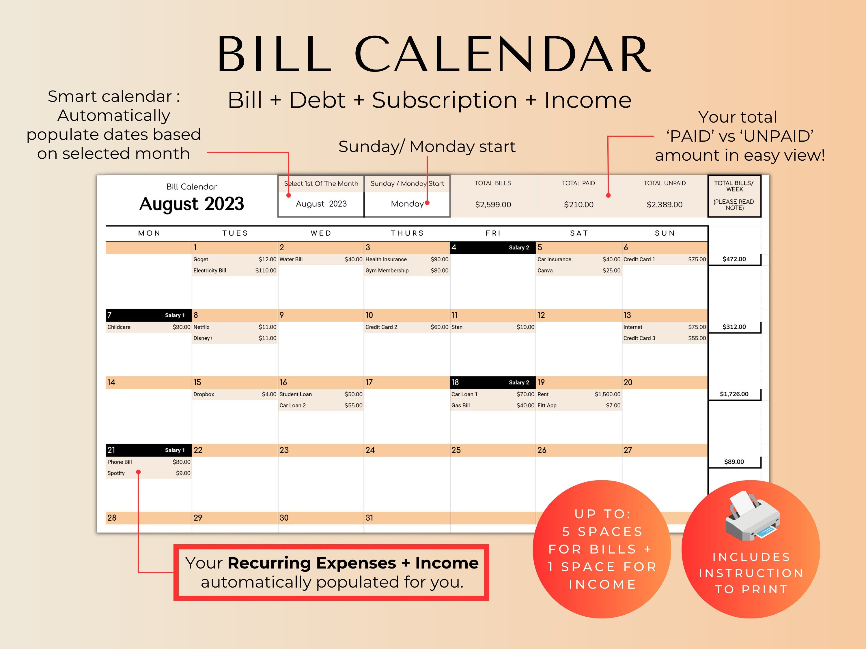Budget By Paycheck Google Sheets Spreadsheet Template - Peach Mode