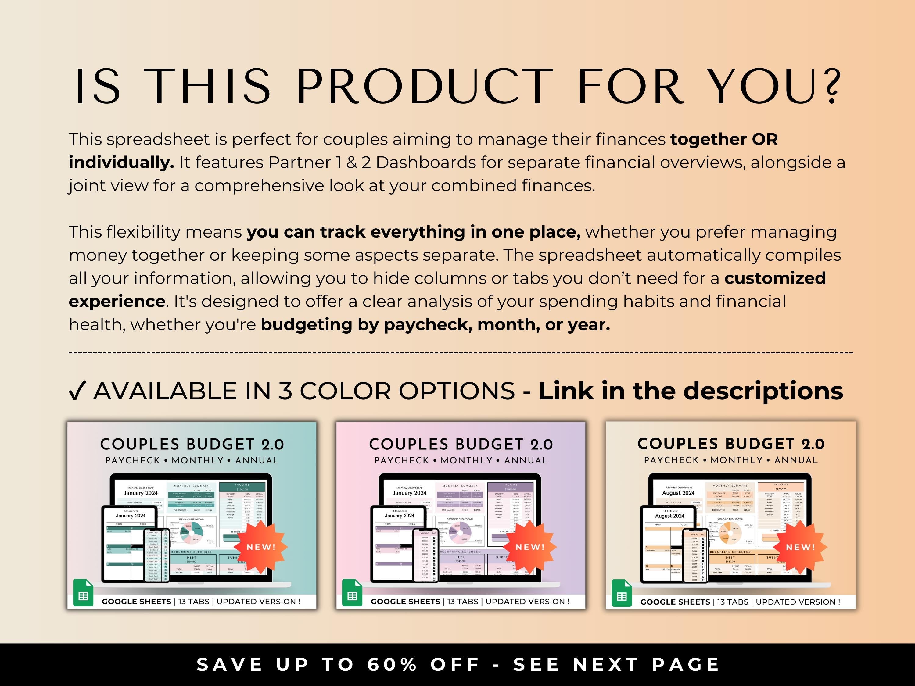 Couples And Family Budget 2.0 Spreadsheet Google Sheets - Peach