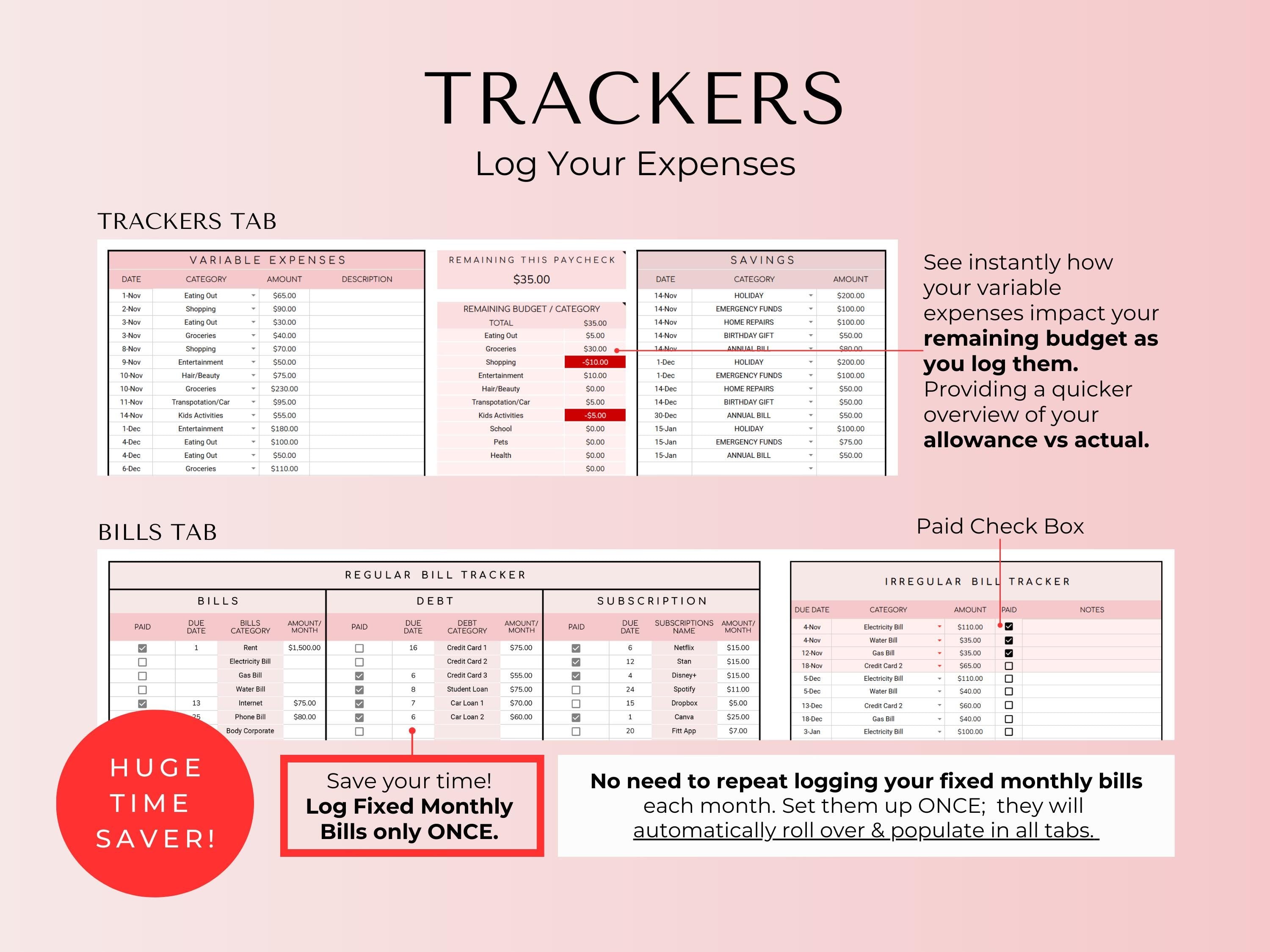 Budget By Paycheck Google Sheets Spreadsheet Template - Pink