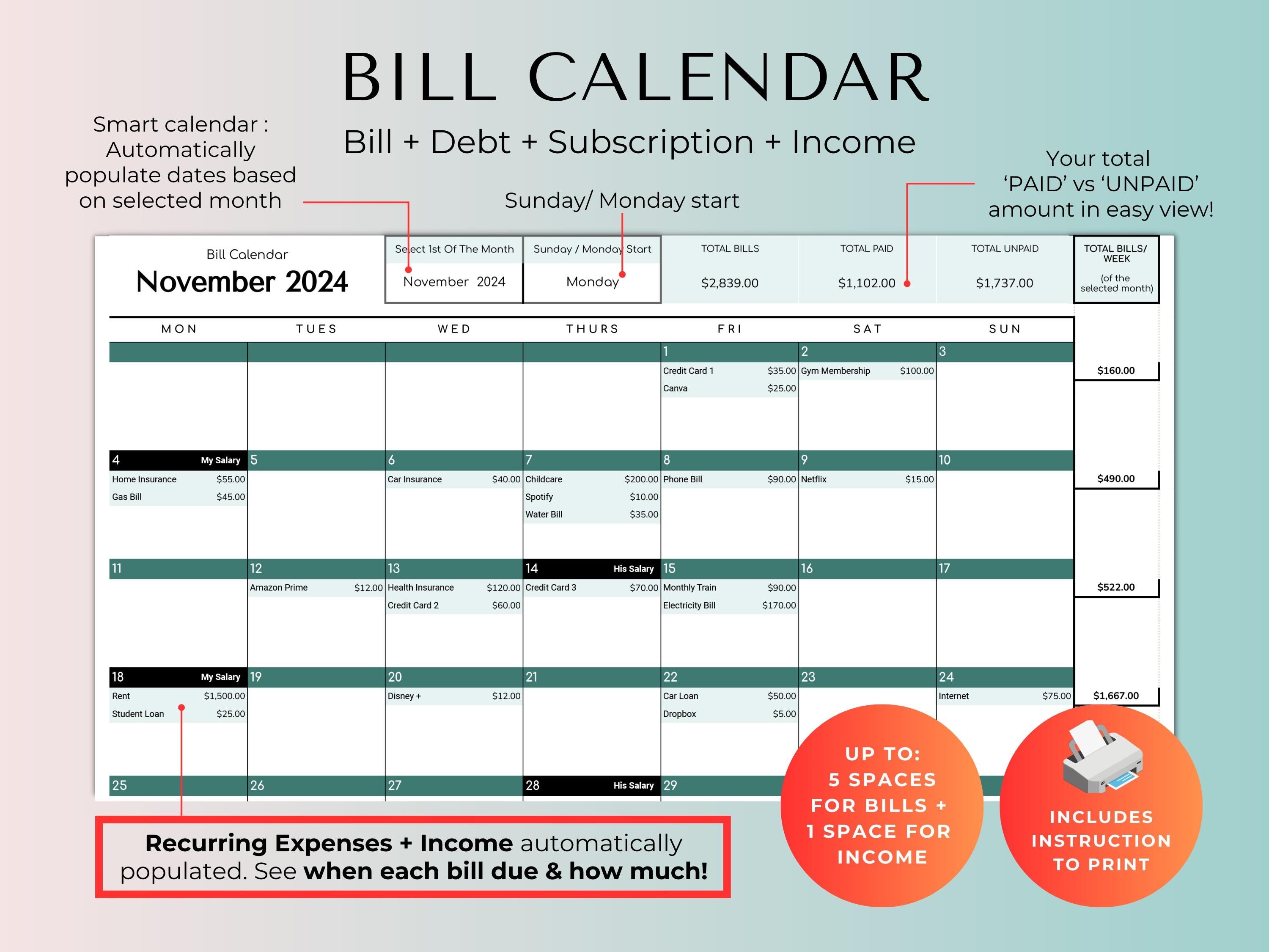 Biweekly Fortnightly Budget Planner Google Sheets Spreadsheet -Teal Green