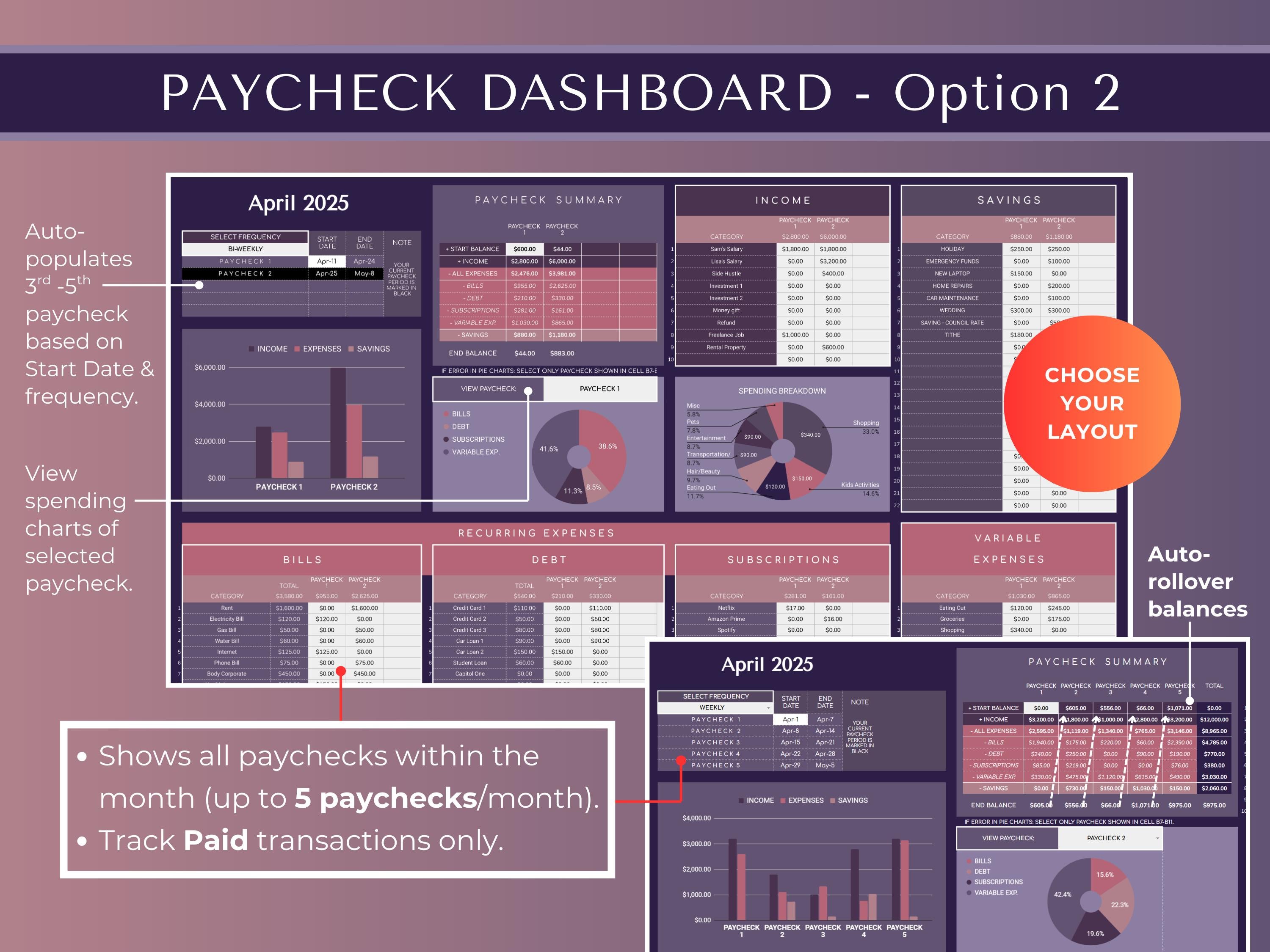 Budget By Paycheck 2.0 Google Sheets Spreadsheet Template - Dark Mode