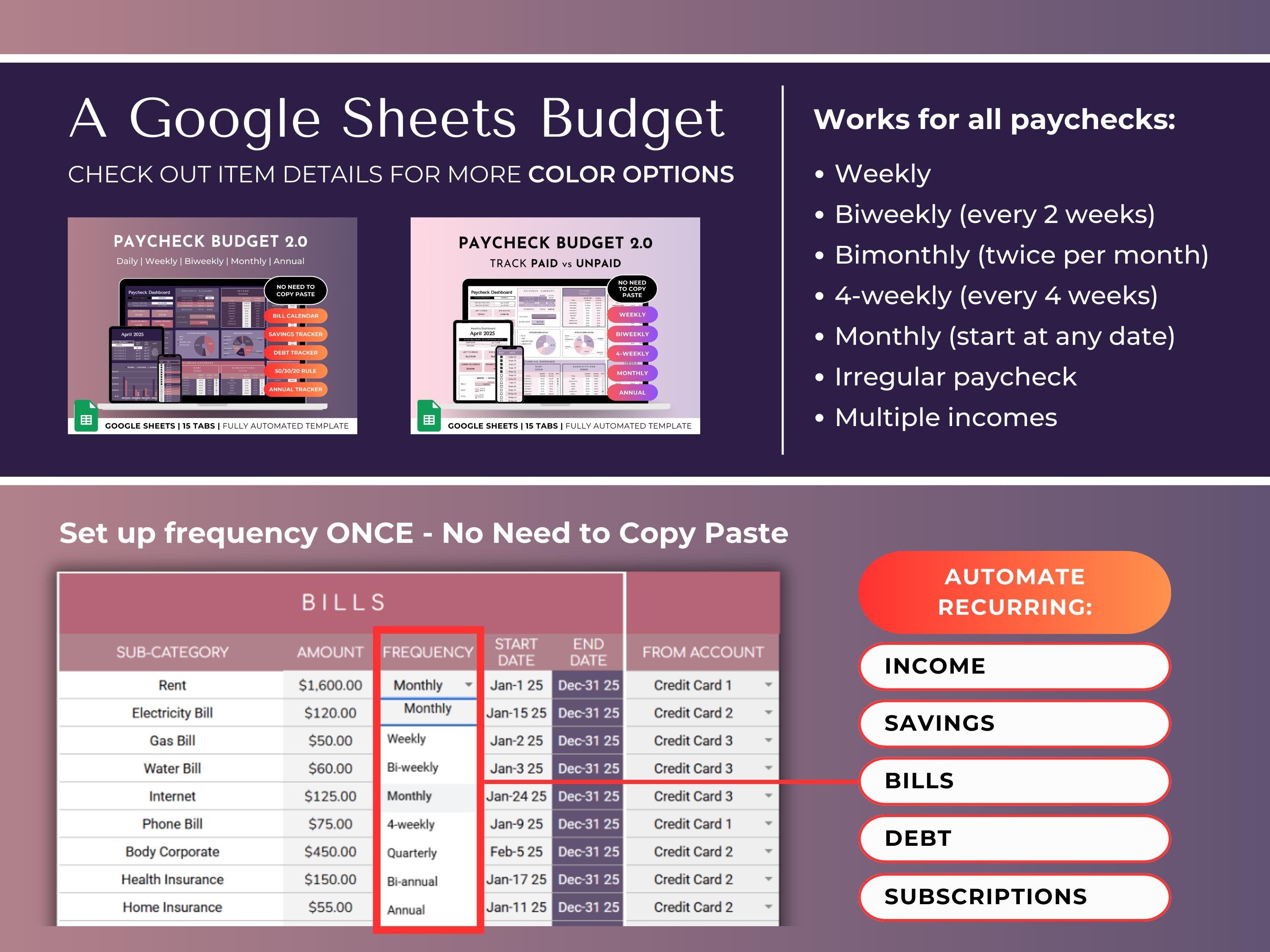 Budget By Paycheck 2.0 Google Sheets Spreadsheet Template - Dark Mode