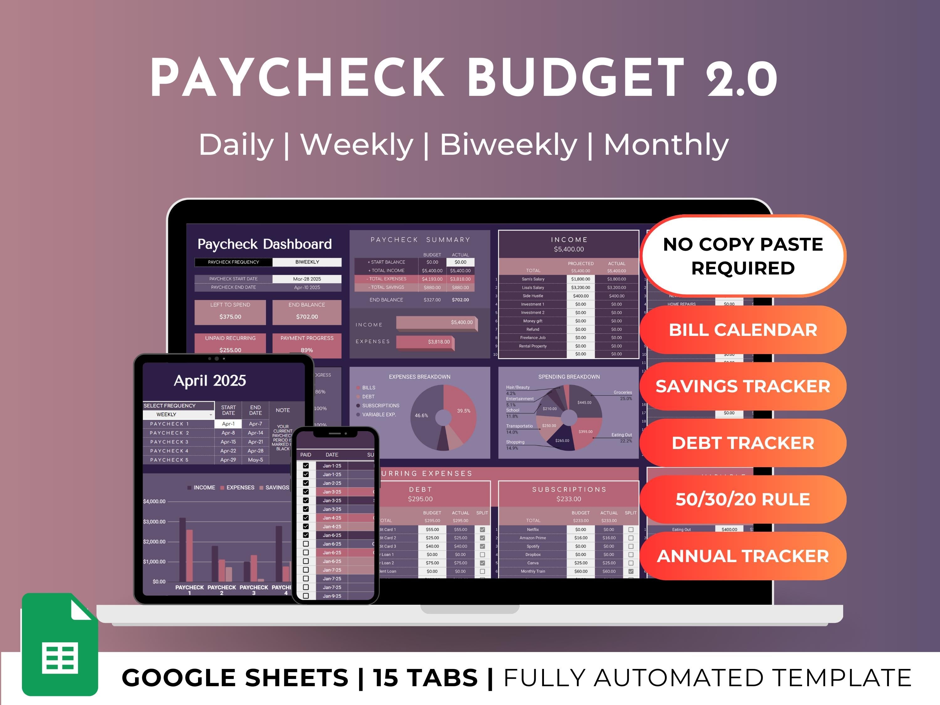 Budget By Paycheck 2.0 Google Sheets Spreadsheet Template - Dark Mode