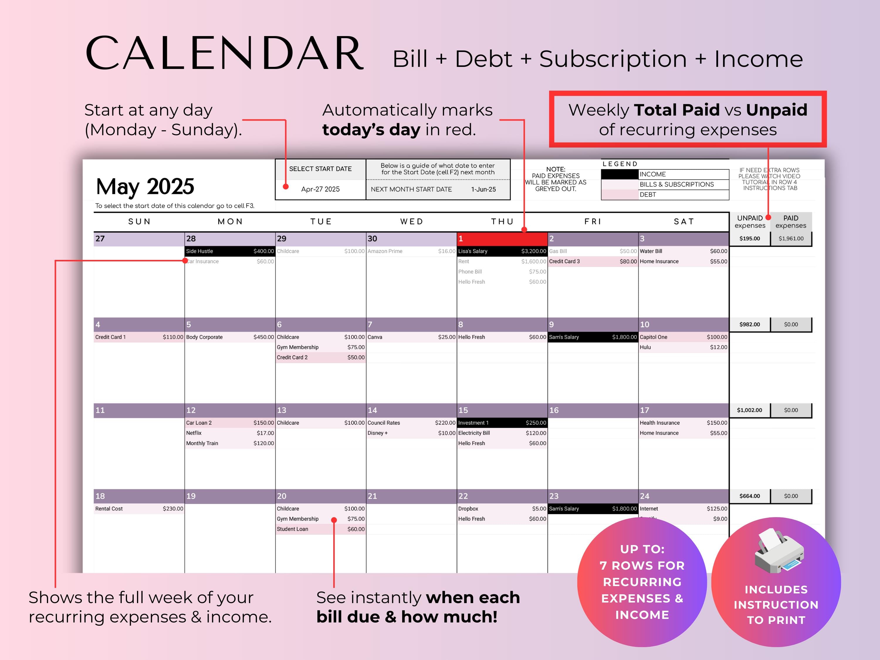 Budget By Paycheck 2.0 Google Sheets Spreadsheet Template - Purple