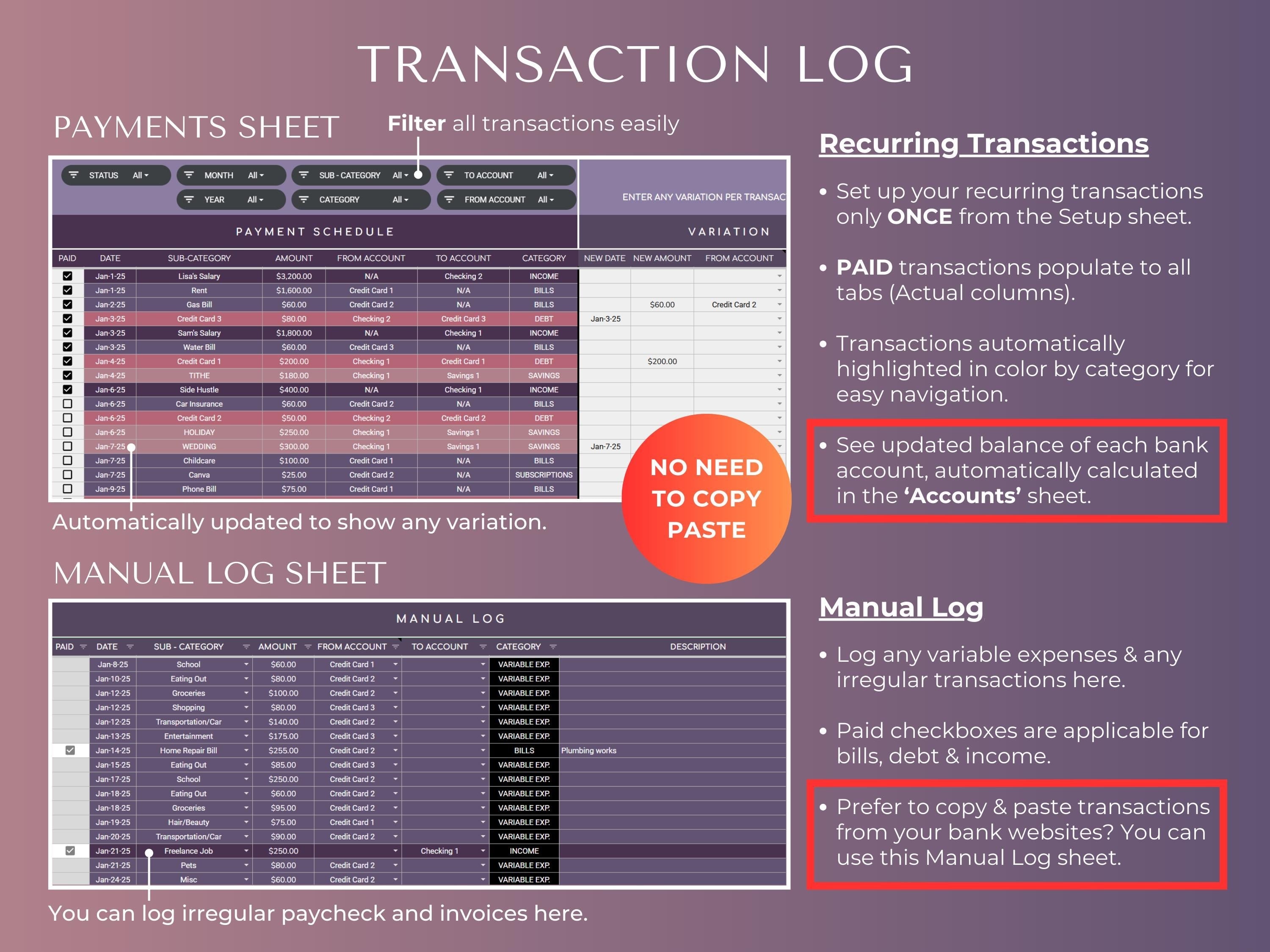 Budget By Paycheck 2.0 Google Sheets Spreadsheet Template - Dark Mode