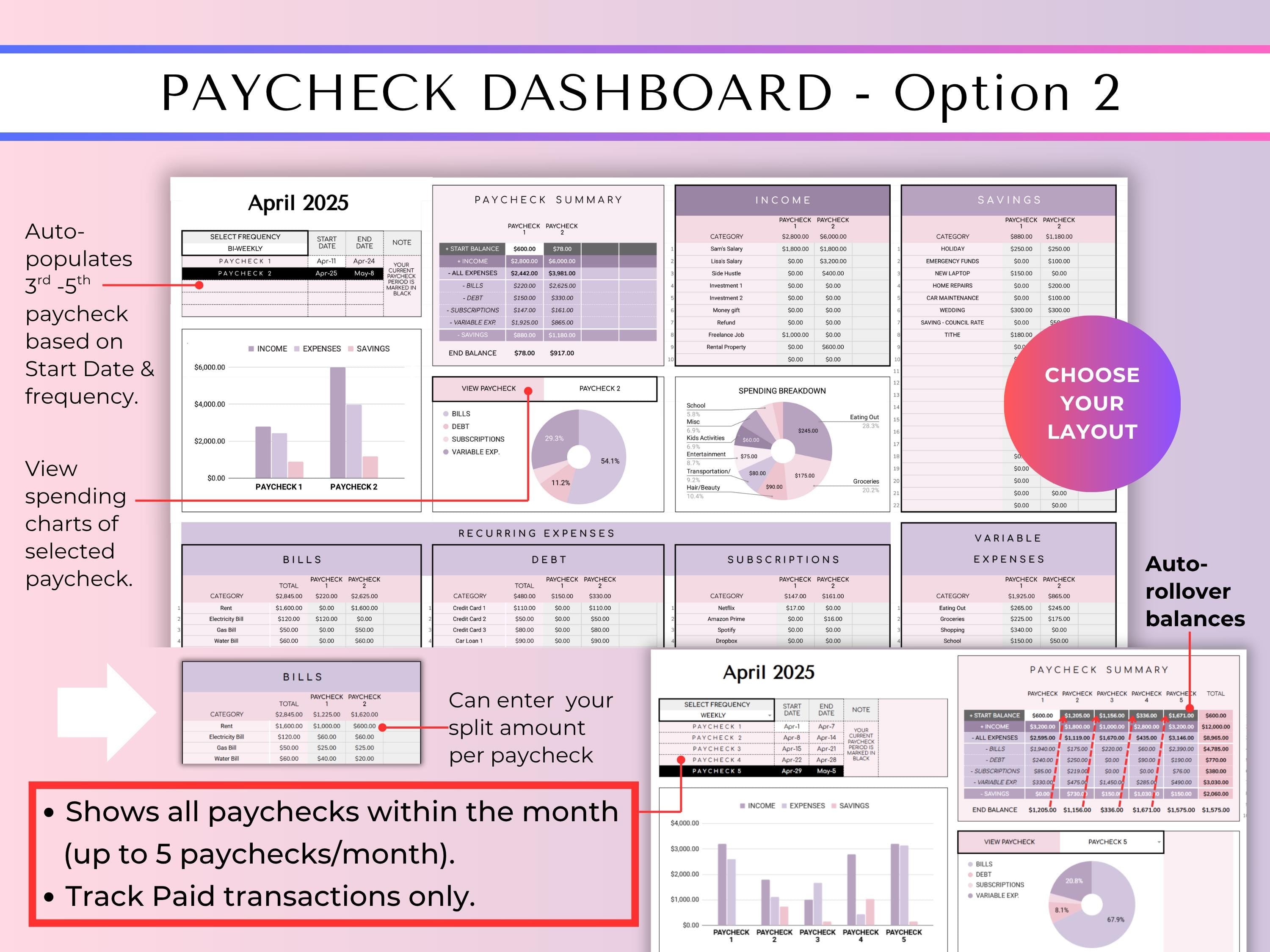 Budget By Paycheck 2.0 Google Sheets Spreadsheet Template - Purple