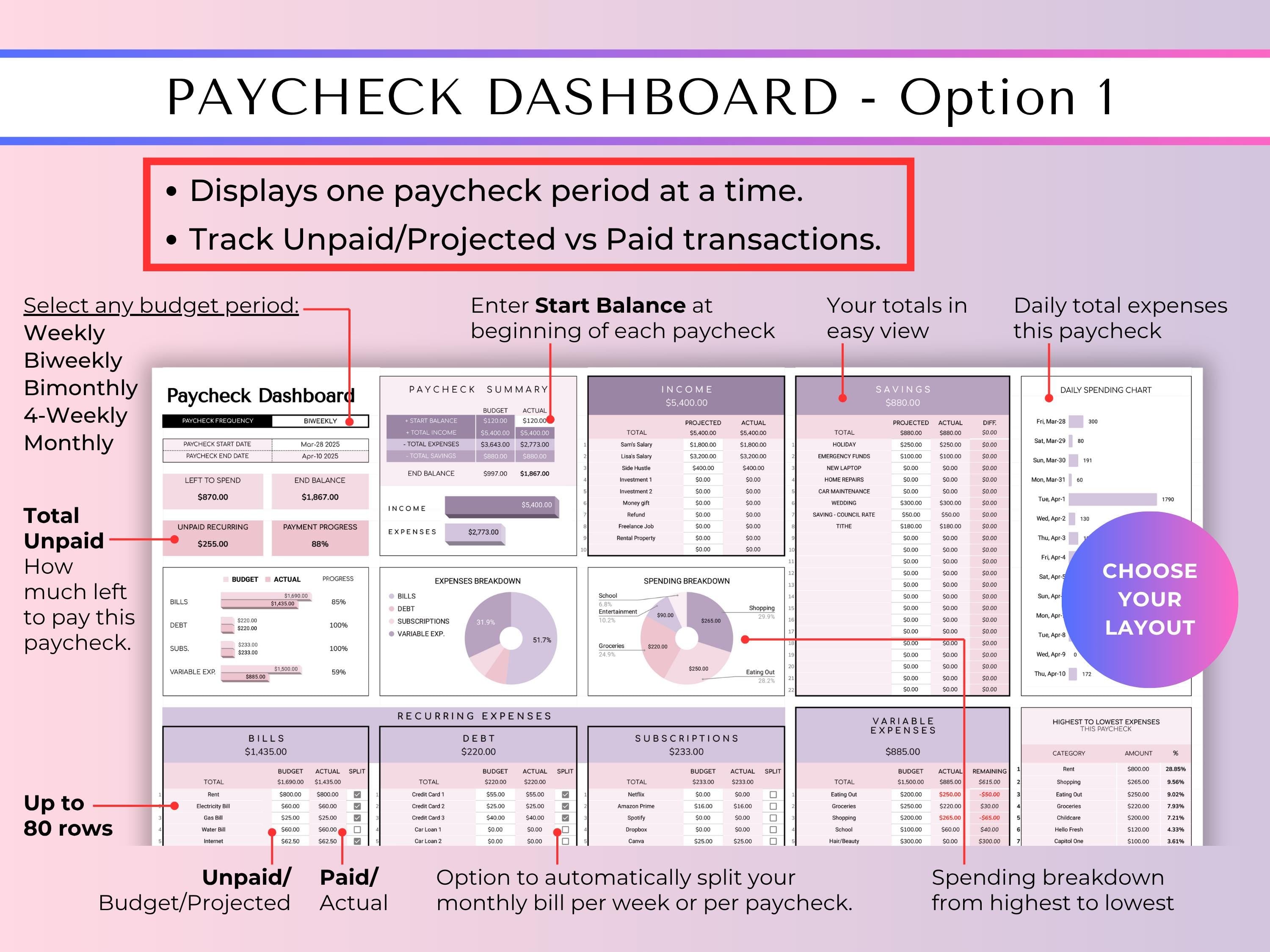 Budget By Paycheck 2.0 Google Sheets Spreadsheet Template - Purple